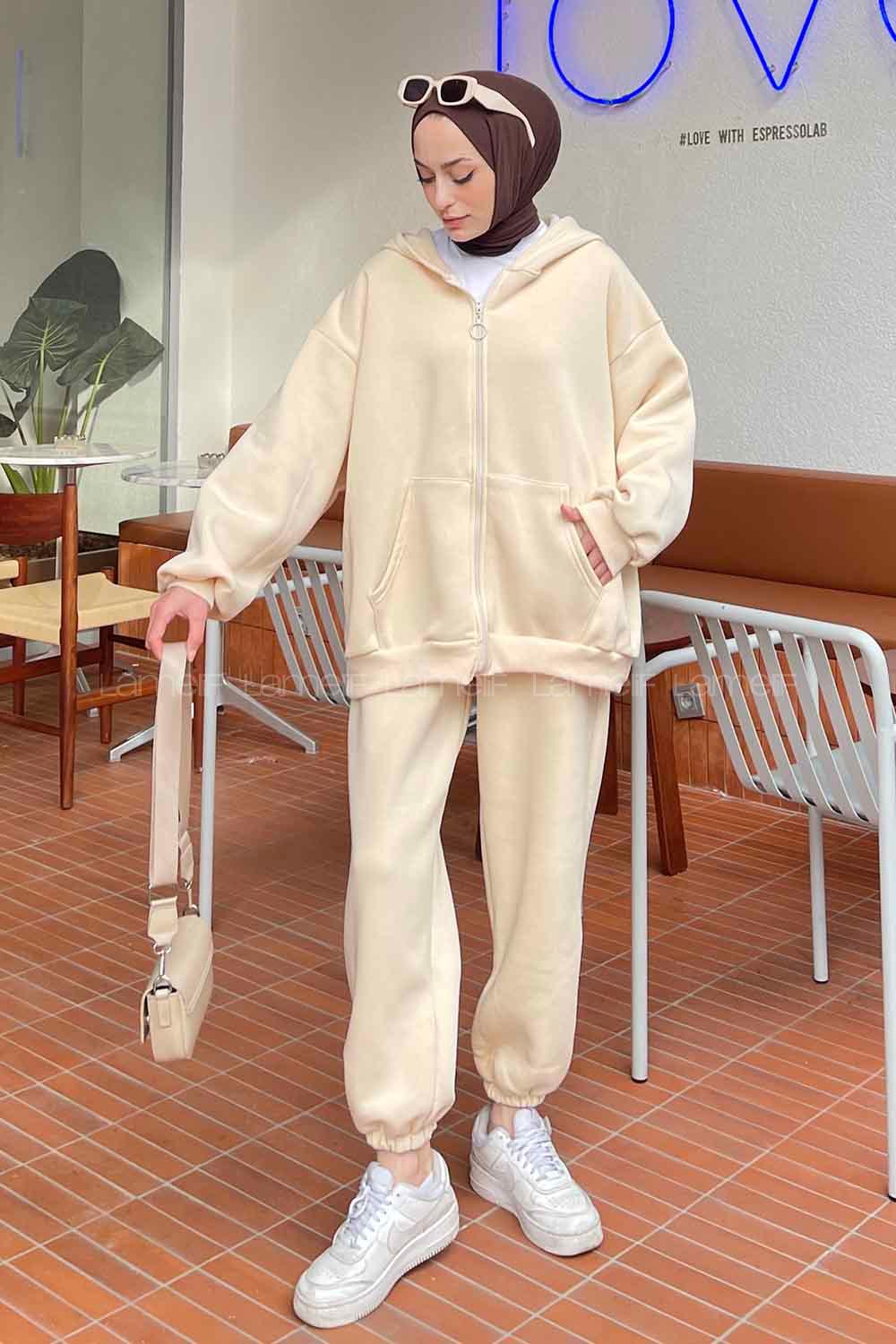Cream Hood Neck Long Arm With Zipper Cotton Fabric Elastic Trousers Comfortable Suit