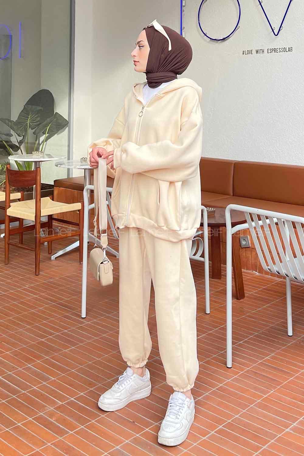 Cream Hood Neck Long Arm With Zipper Cotton Fabric Elastic Trousers Comfortable Suit