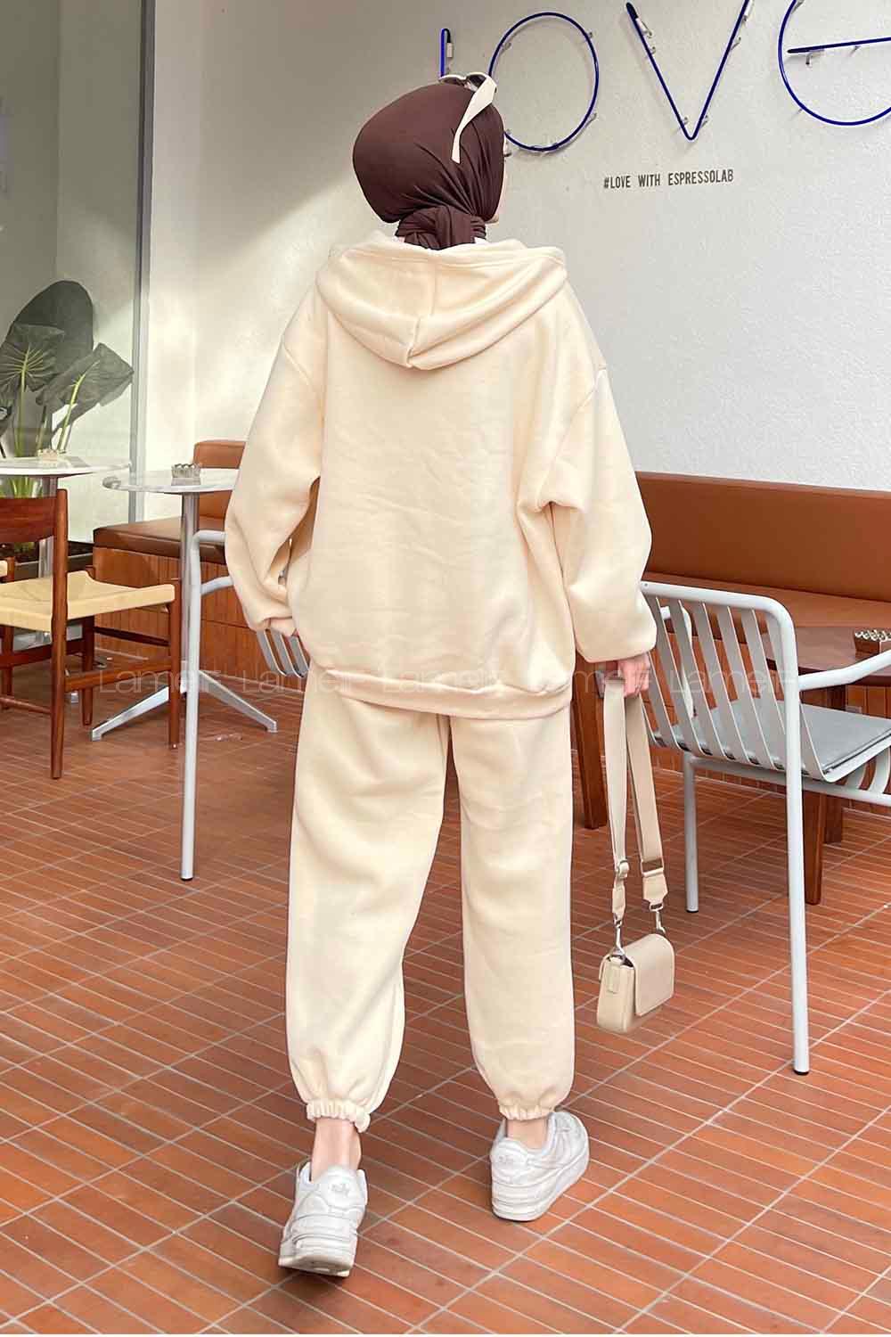 Cream Hood Neck Long Arm With Zipper Cotton Fabric Elastic Trousers Comfortable Suit