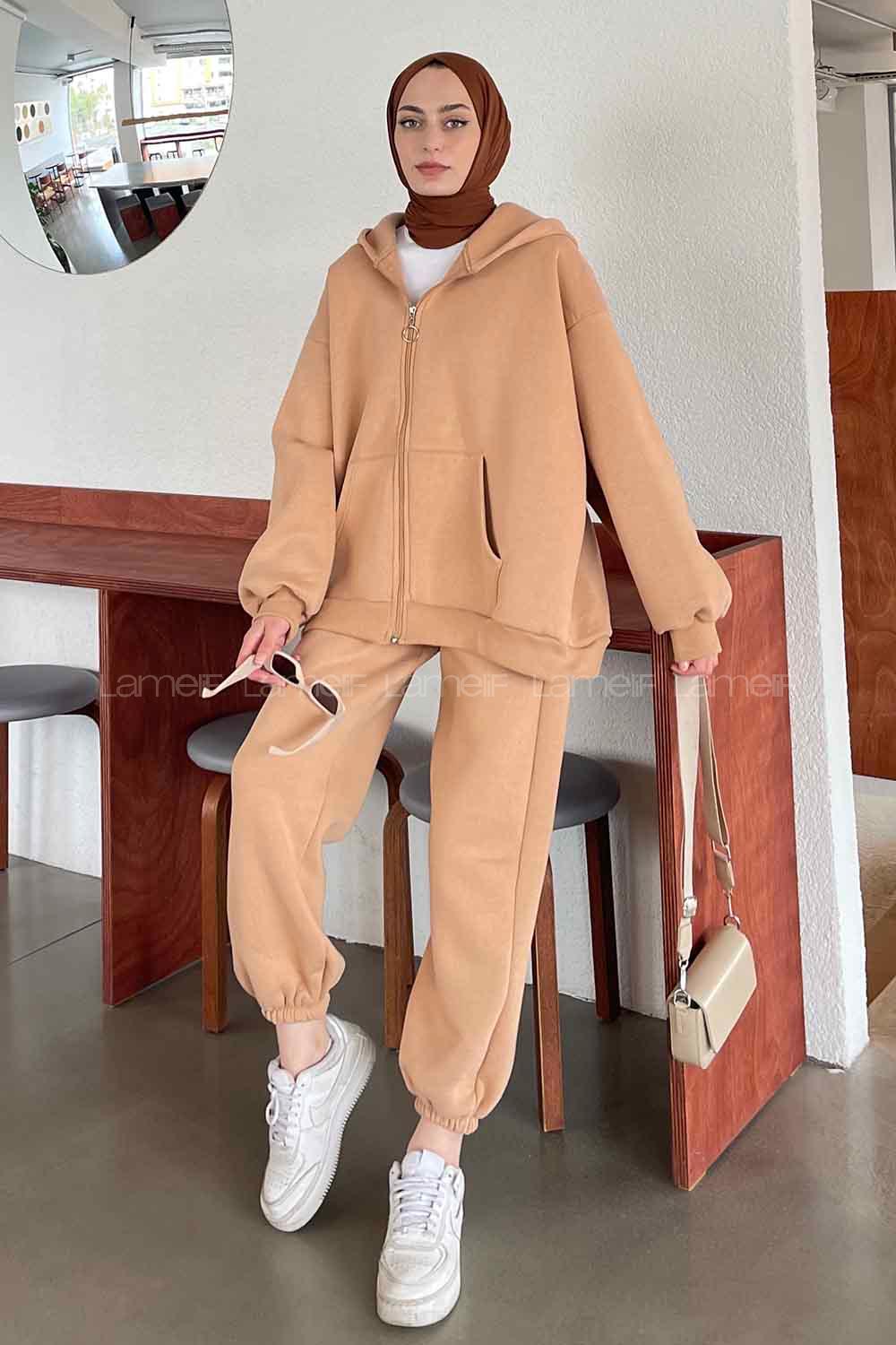 Brown With Milk Hood Neck Long Arm With Zipper Cotton Fabric Elastic Trousers Comfortable Suit