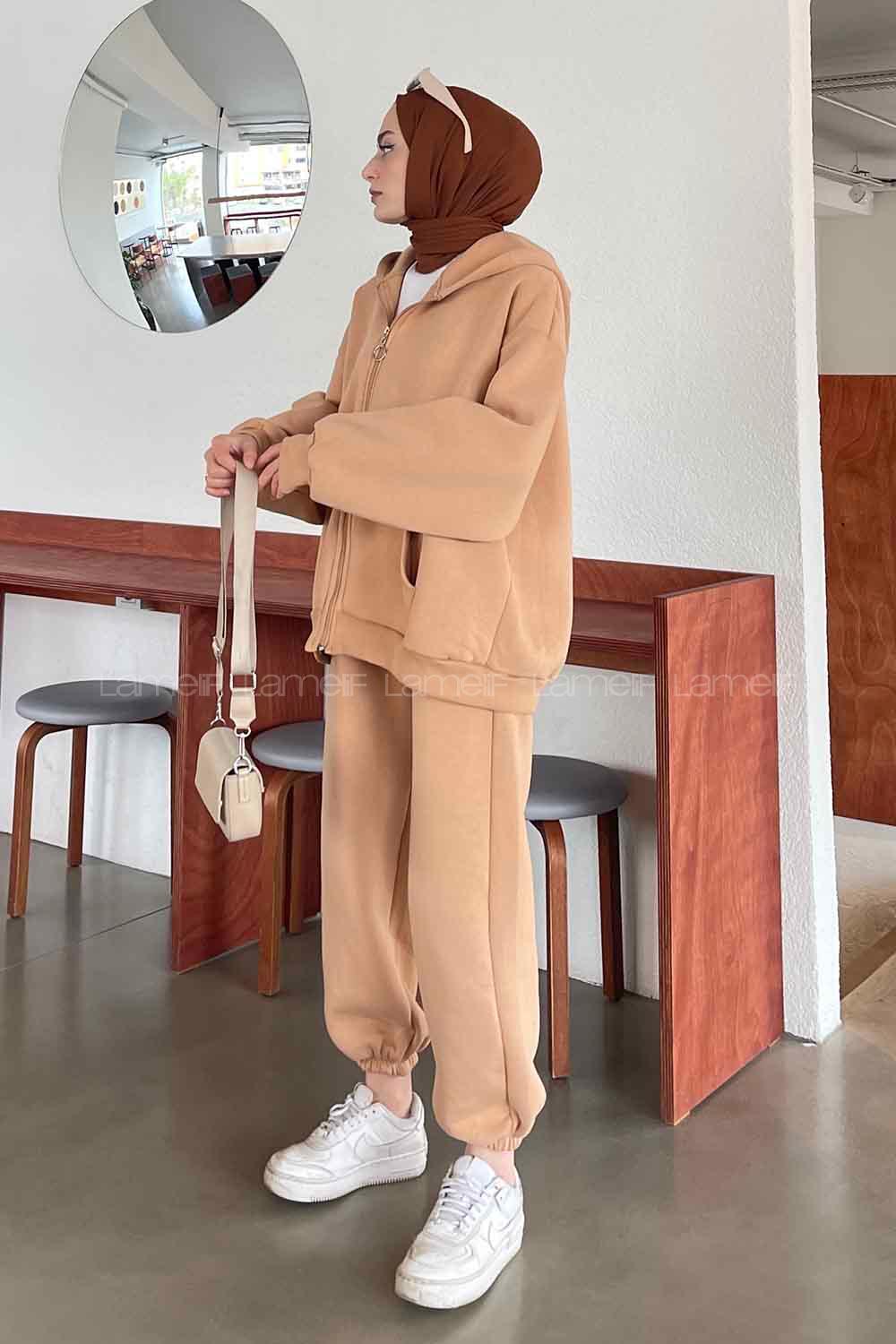 Brown With Milk Hood Neck Long Arm With Zipper Cotton Fabric Elastic Trousers Comfortable Suit