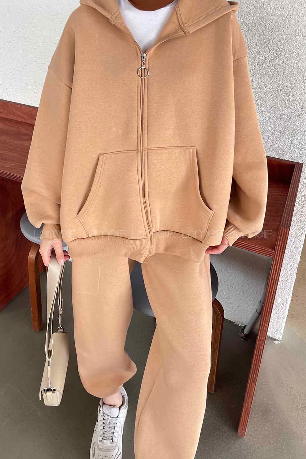 Brown With Milk Hood Neck Long Arm With Zipper Cotton Fabric Elastic Trousers Comfortable Suit