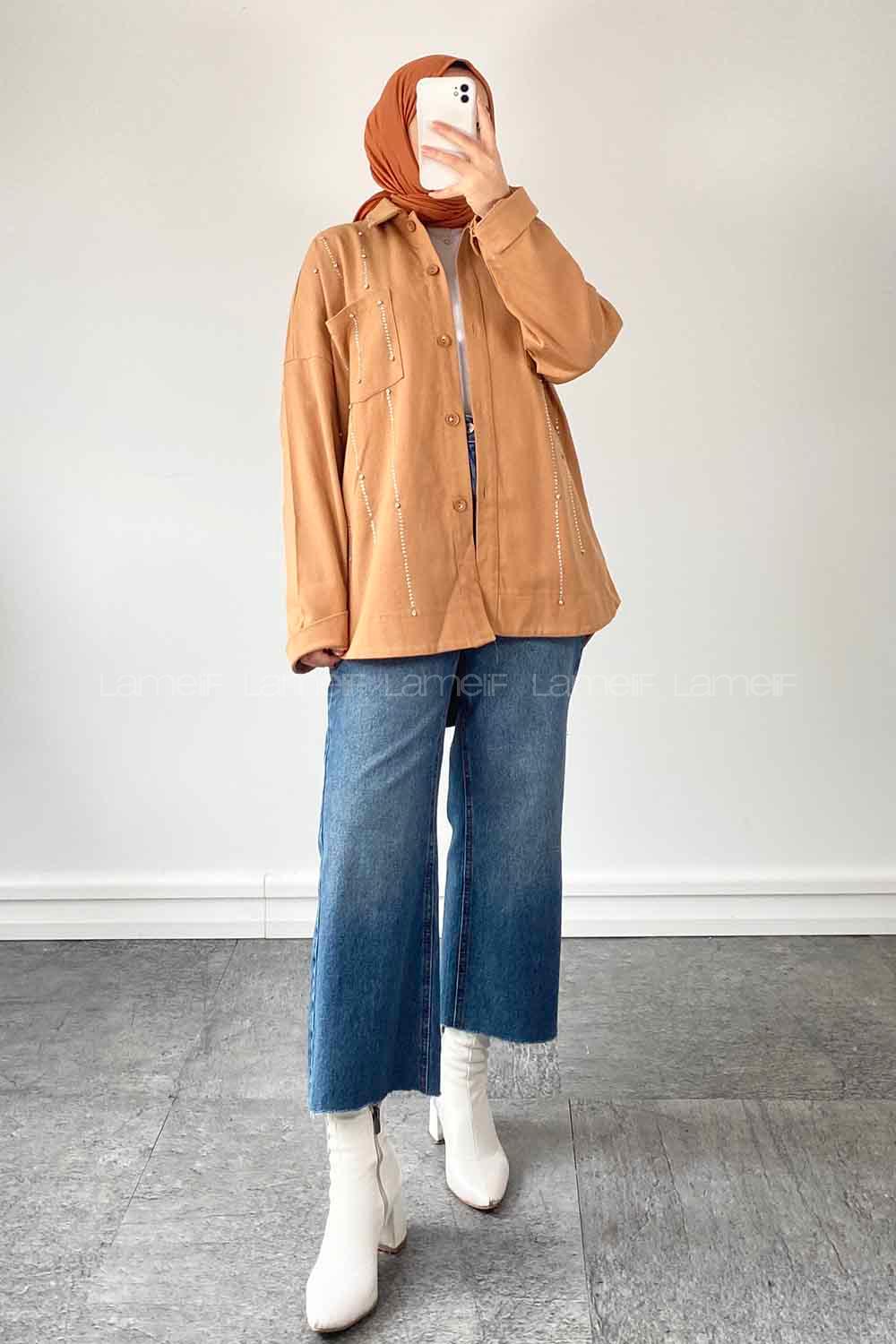 Lamelif Taş Detaylı Gömlek   Camel