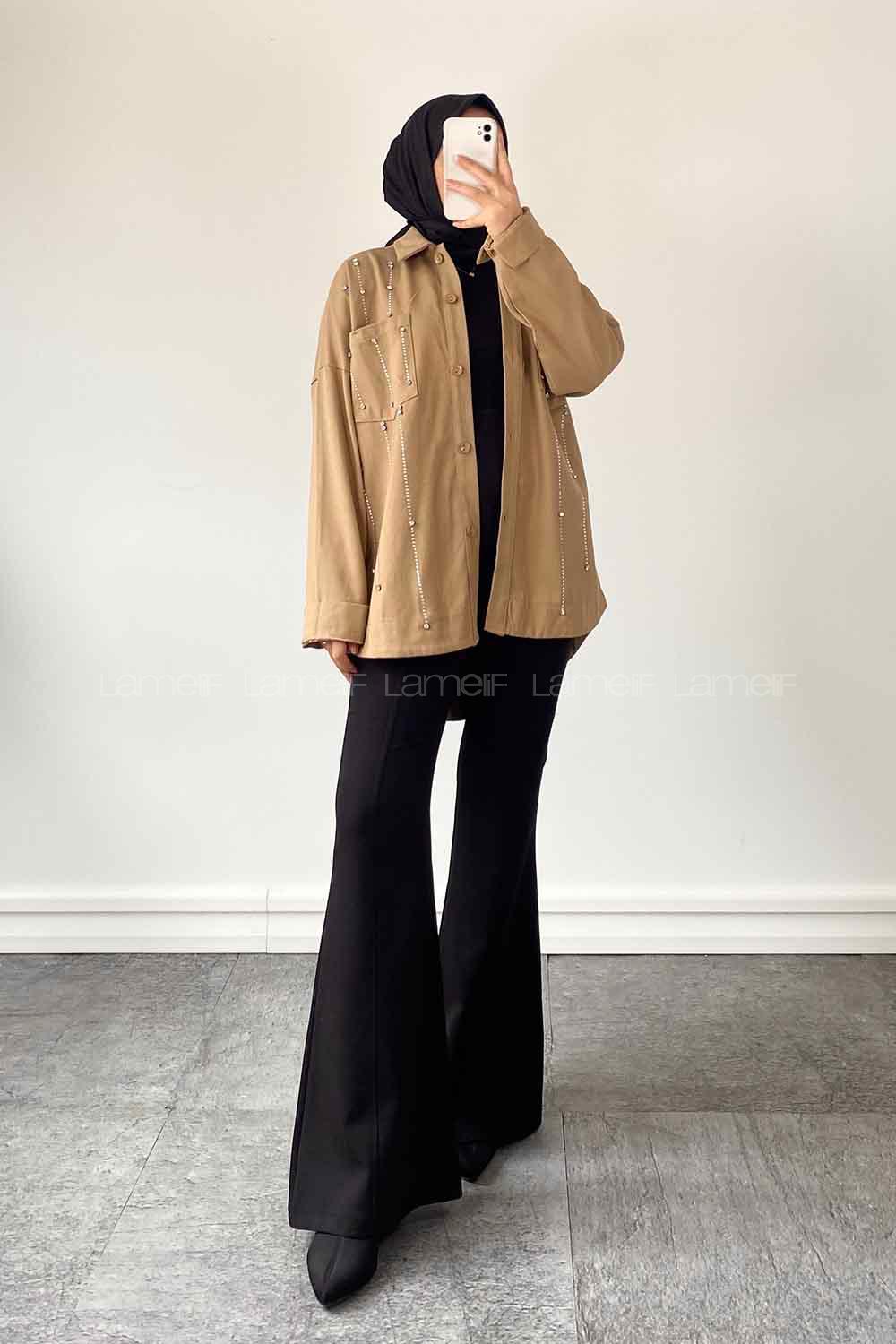 Lamelif Taş Detaylı Gömlek Vizonrengi