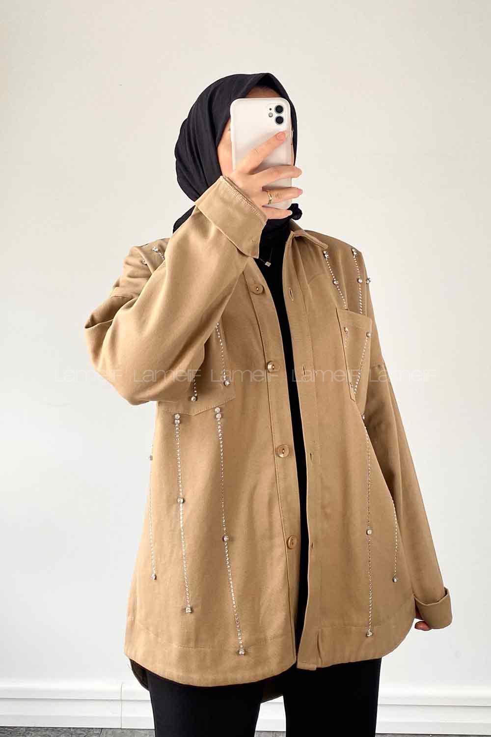 Lamelif Taş Detaylı Gömlek Vizonrengi