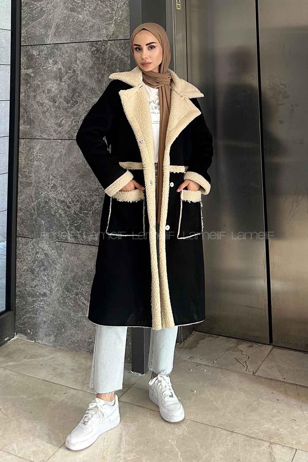 Black Lower V Neck Long Arm Suede Coat