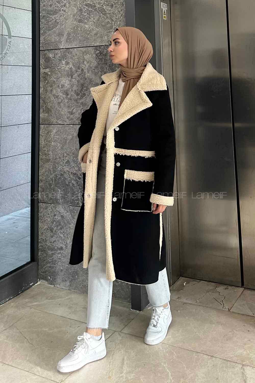 Black Lower V Neck Long Arm Suede Coat