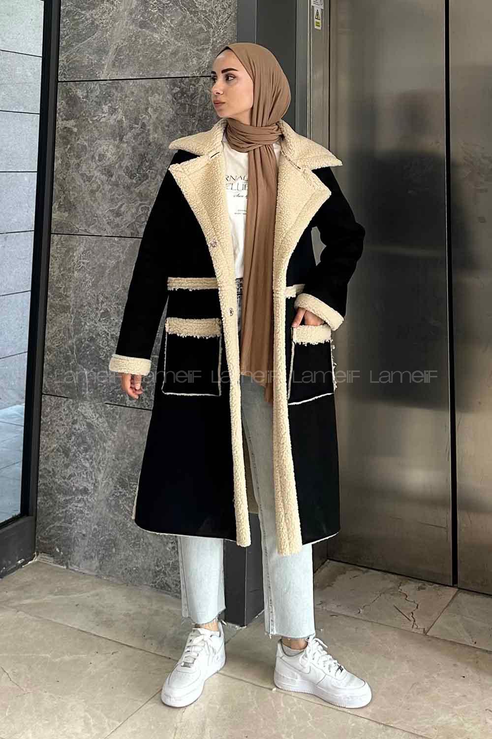 Black Lower V Neck Long Arm Suede Coat