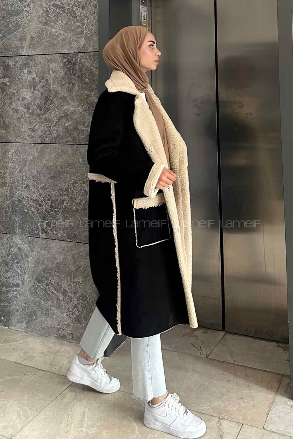 Black Lower V Neck Long Arm Suede Coat