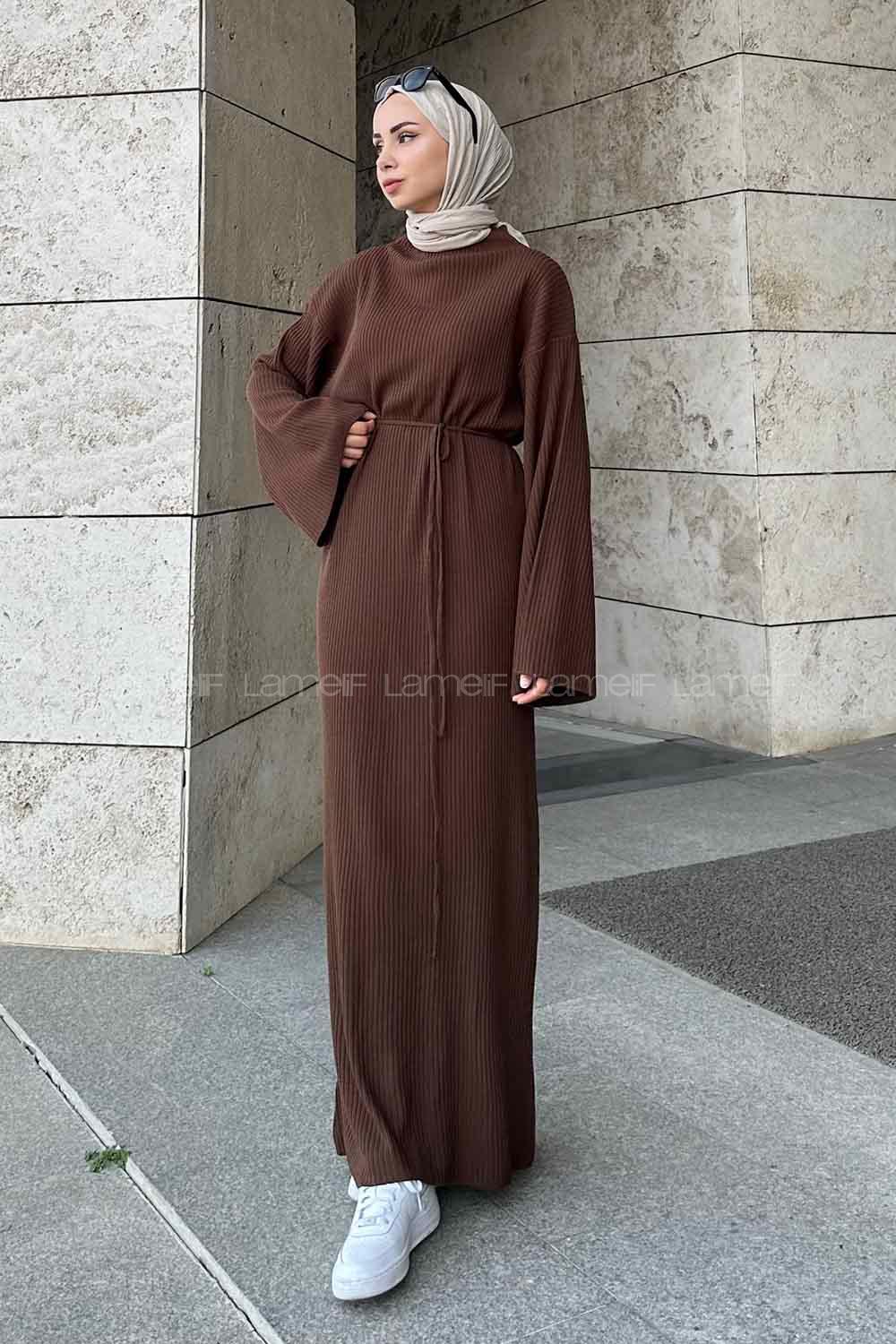 Bitter Brown Normal Neck Wool Acrylic Unprinted Dresess