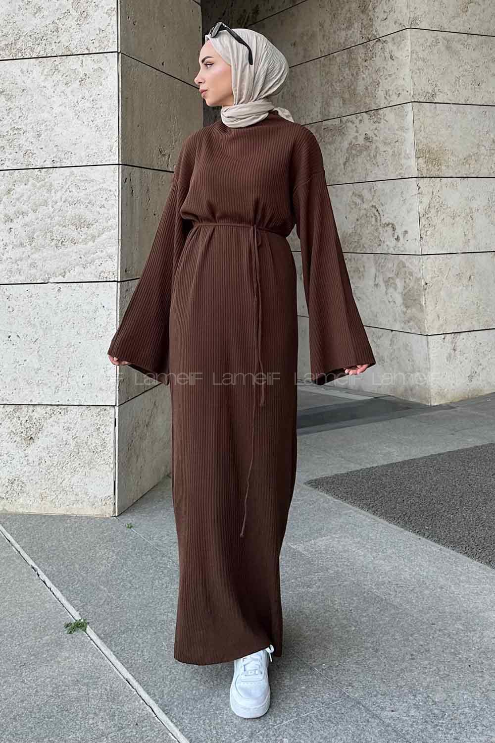 Bitter Brown Normal Neck Wool Acrylic Unprinted Dresess