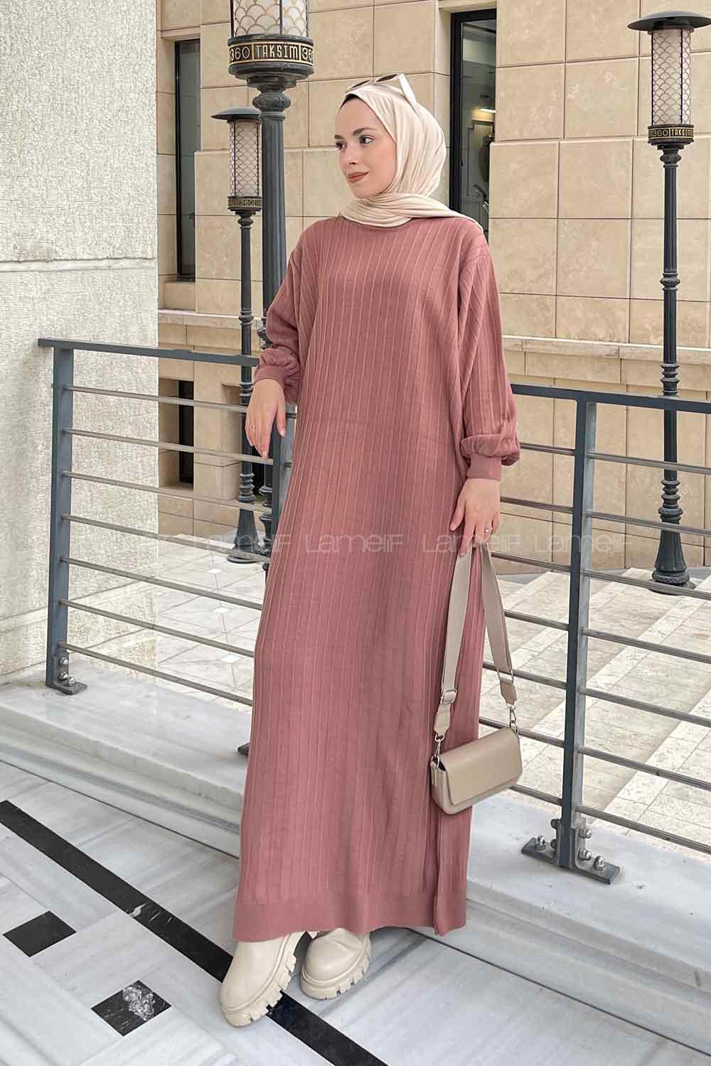 Lamelif Yarasa Kol Triko Elbise Gül