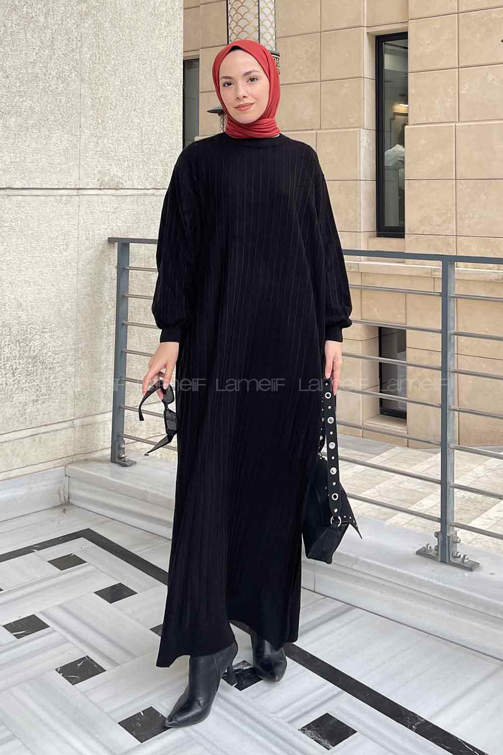 Lamelif Yarasa Kol Triko Elbise Siyah