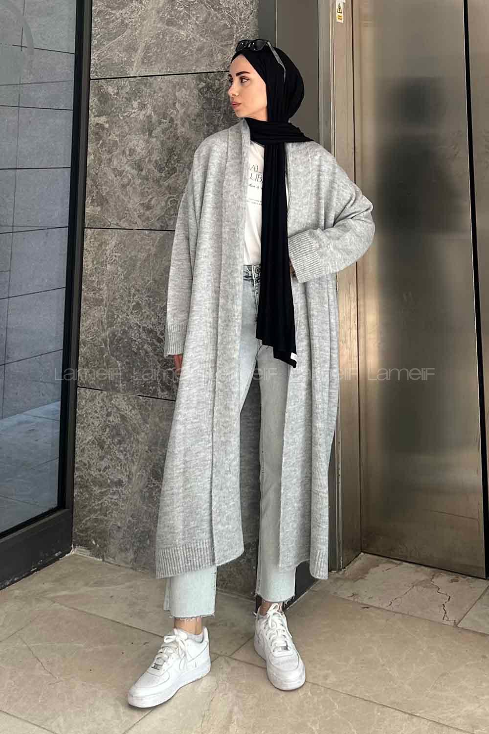 Gray Scarf Neck Long Arm Knitwear Cardigan