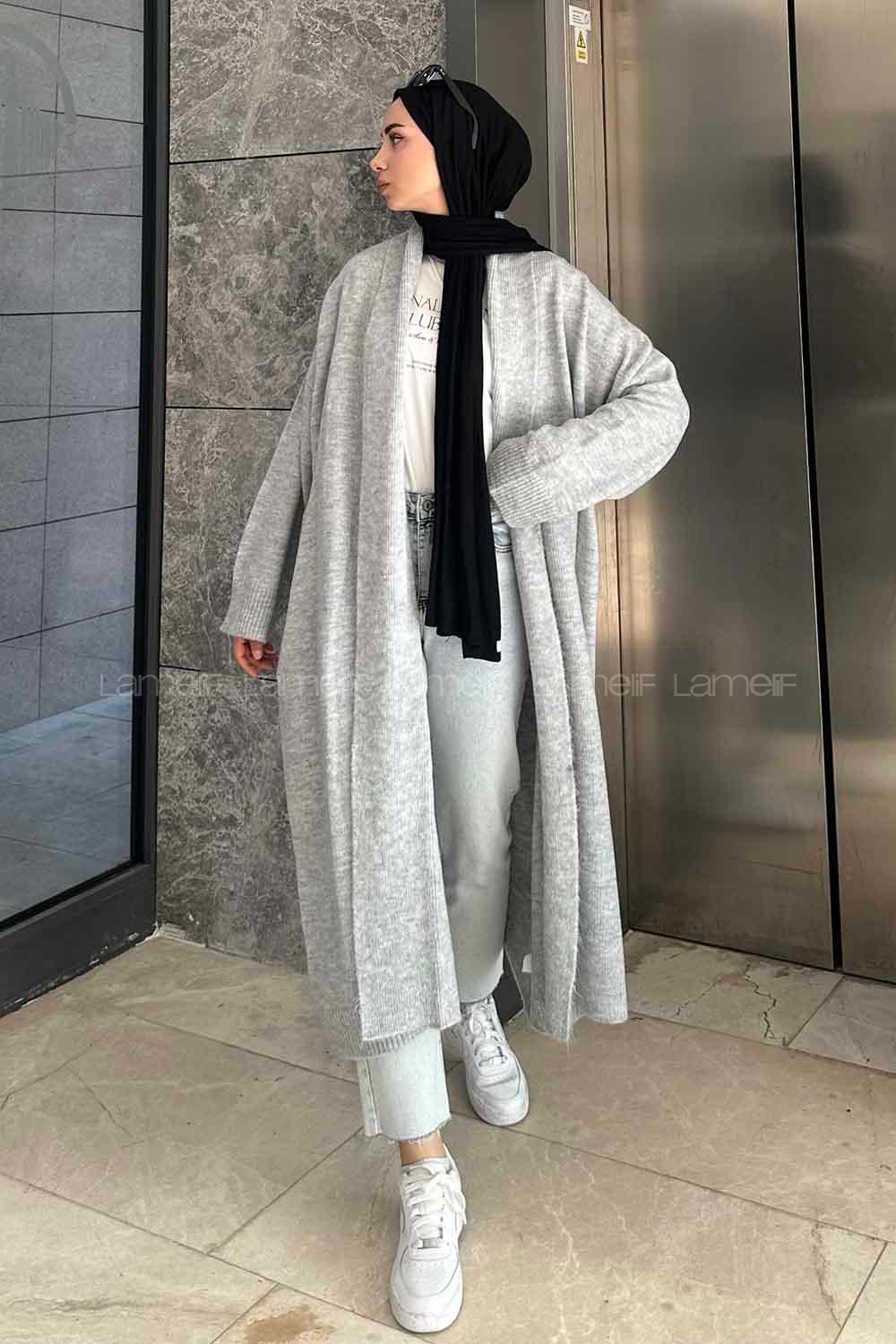 Gray Scarf Neck Long Arm Knitwear Cardigan