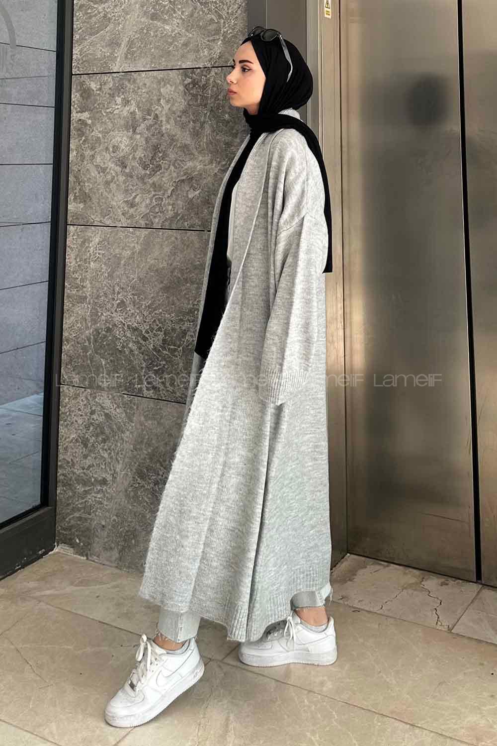 Gray Scarf Neck Long Arm Knitwear Cardigan