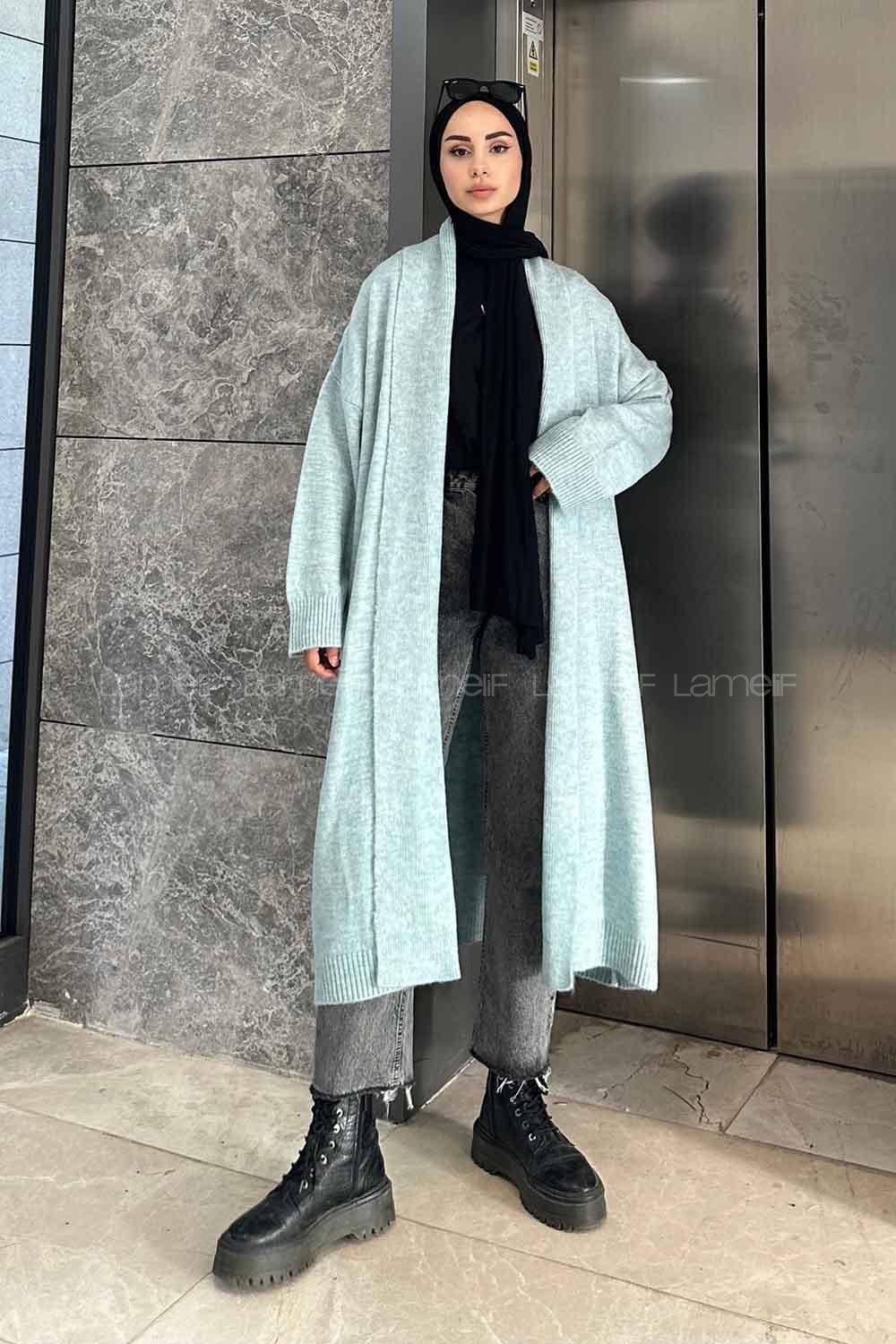 Lamelif Yıkamalı Uzun Triko Salaş Hırka Su Yeşili