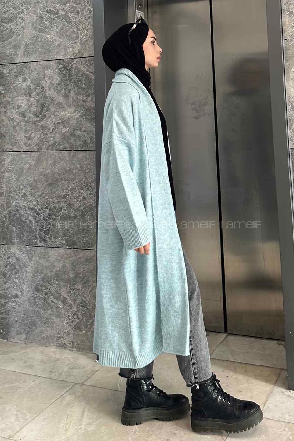 Lamelif Yıkamalı Uzun Triko Salaş Hırka Su Yeşili