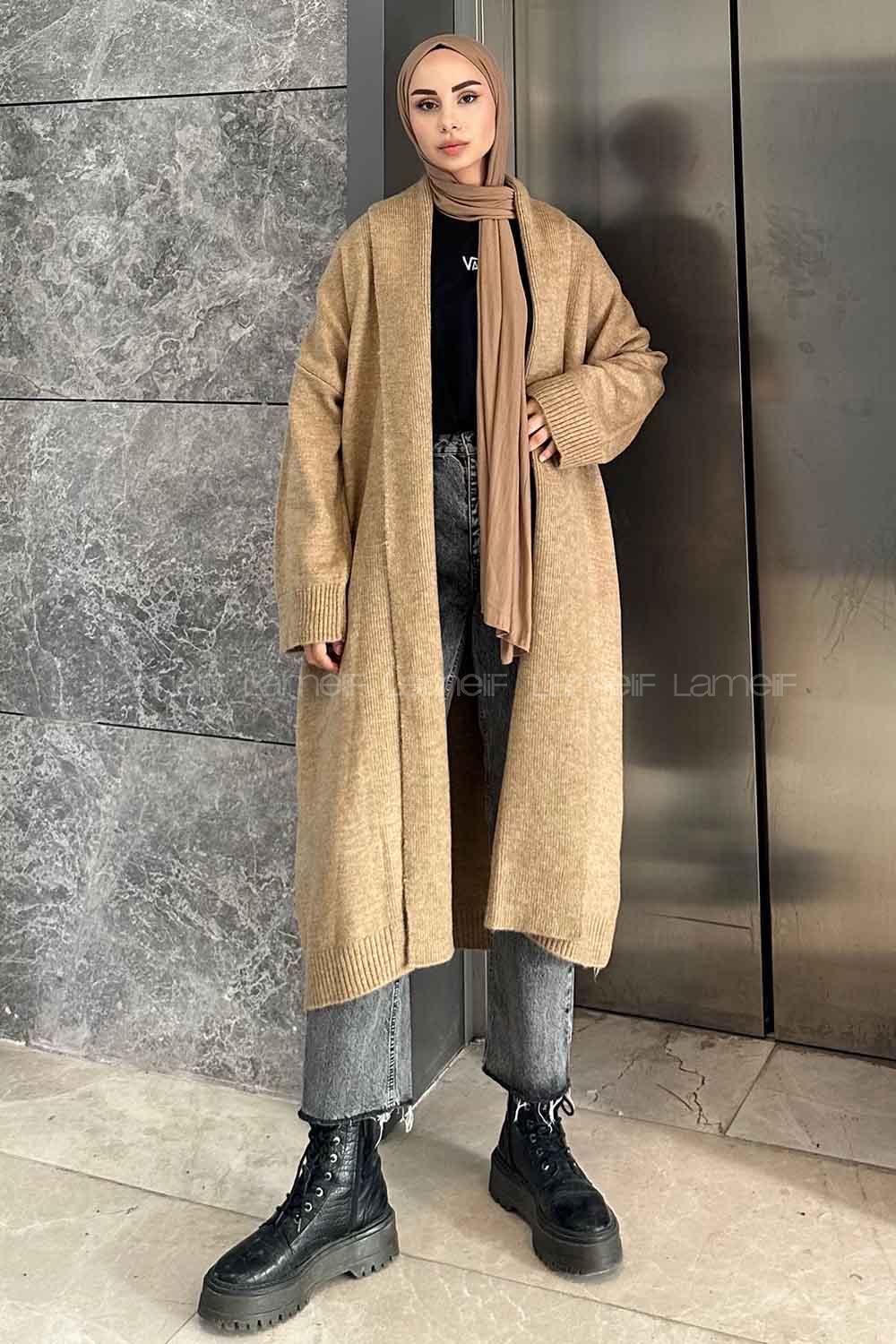 Brown With Milk Scarf Neck Long Arm Knitwear Cardigan