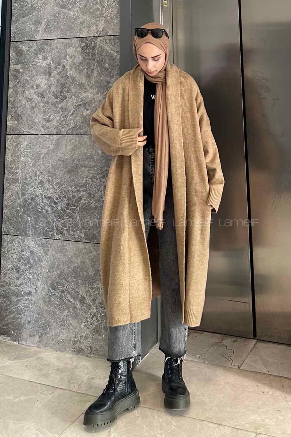 Brown With Milk Scarf Neck Long Arm Knitwear Cardigan
