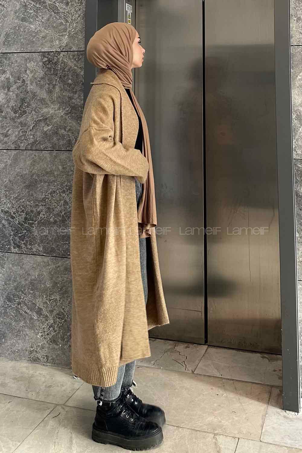 Brown With Milk Scarf Neck Long Arm Knitwear Cardigan