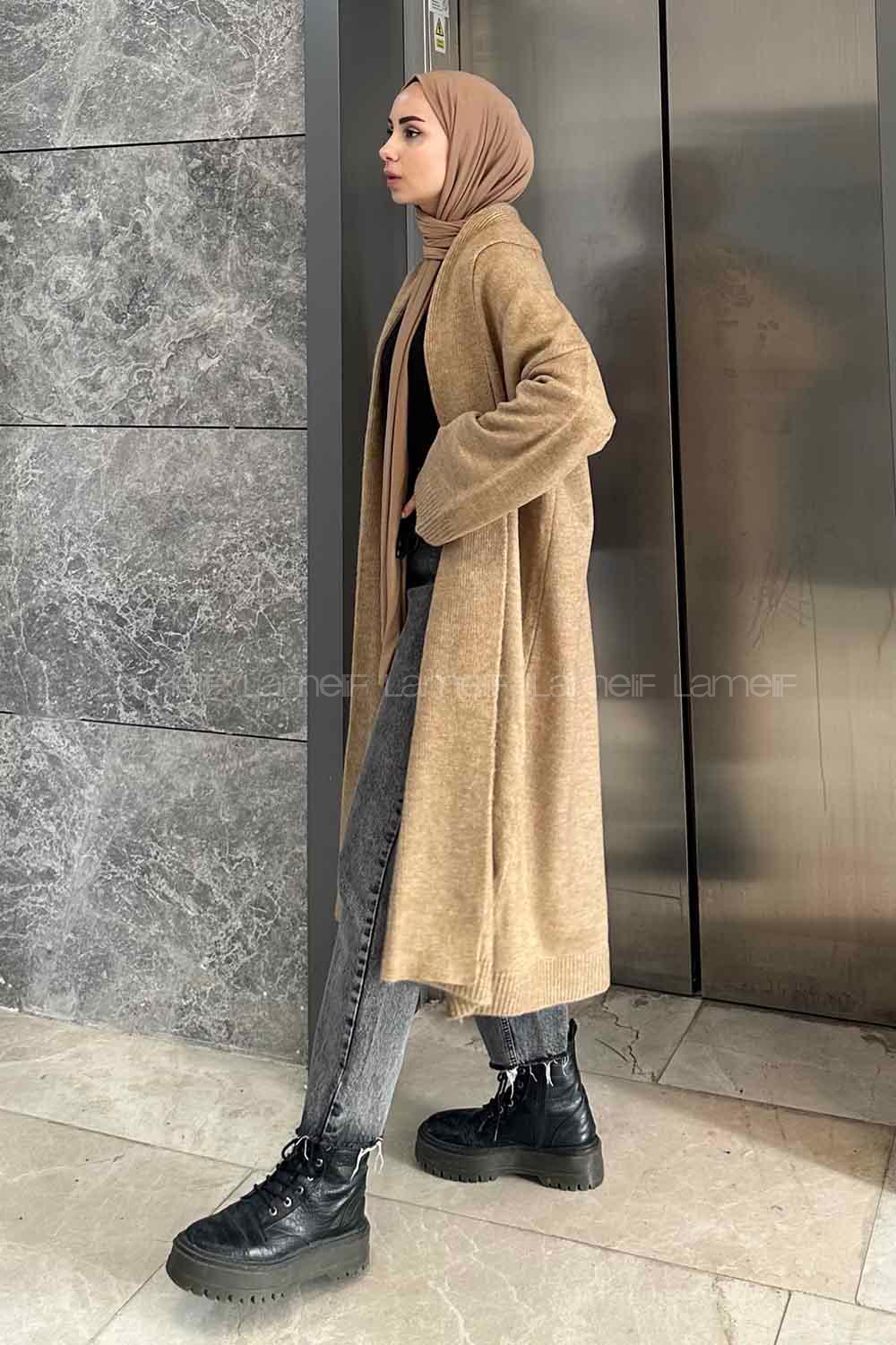 Brown With Milk Scarf Neck Long Arm Knitwear Cardigan