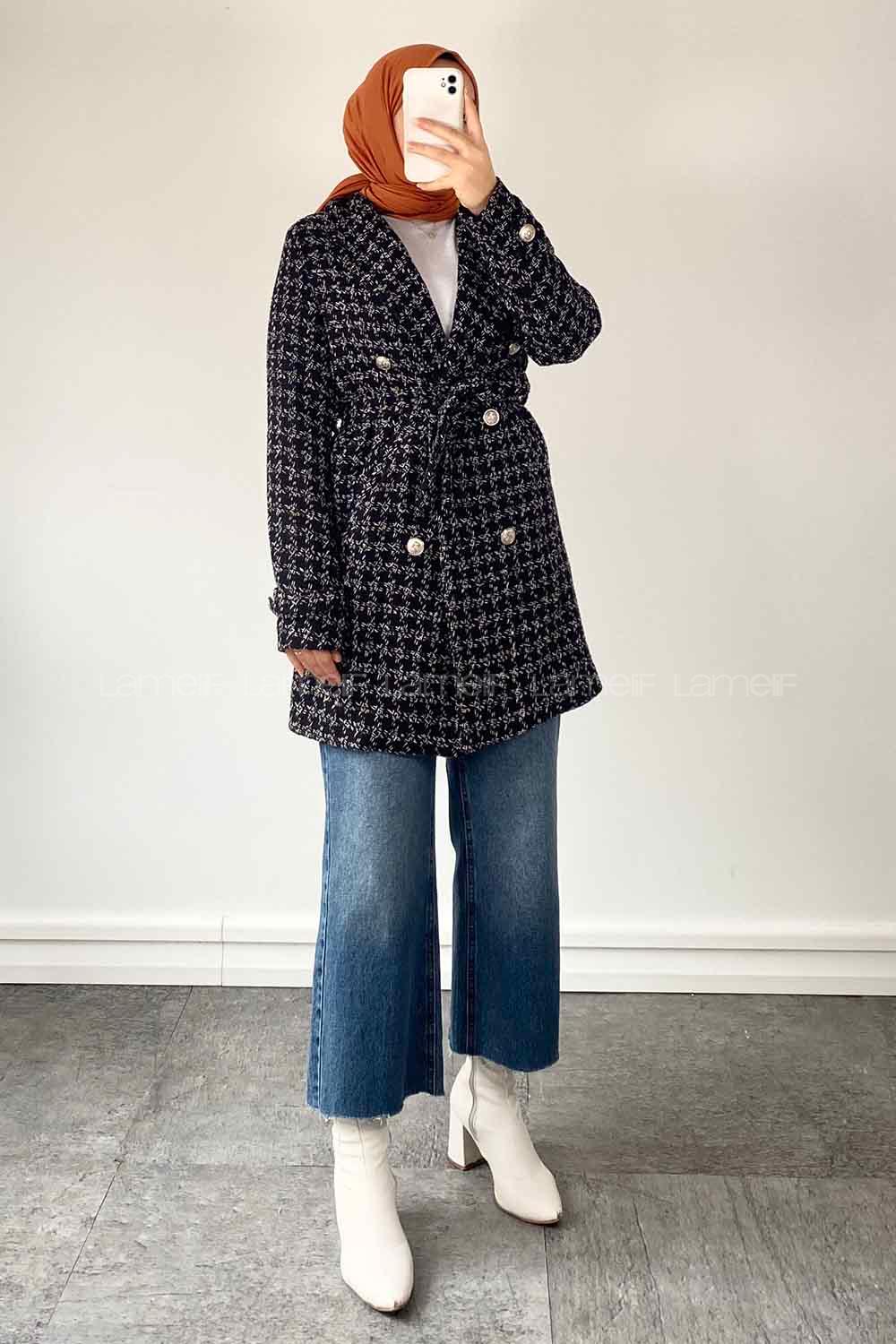 Black Medium V Neck Long Arm Cotton Jacket