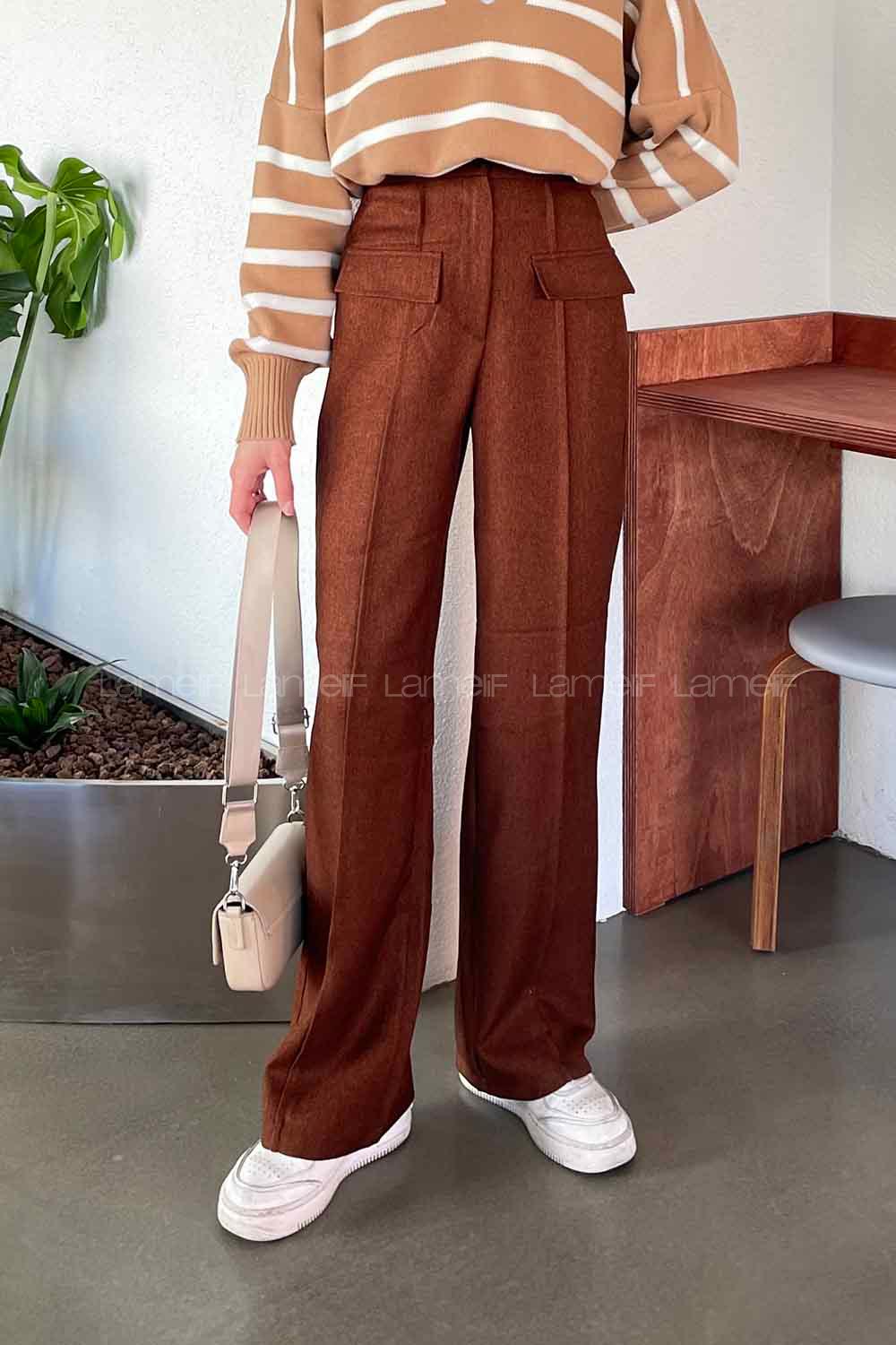 Bitter Brown Wool Cotton Normal Waist Linen Pants
