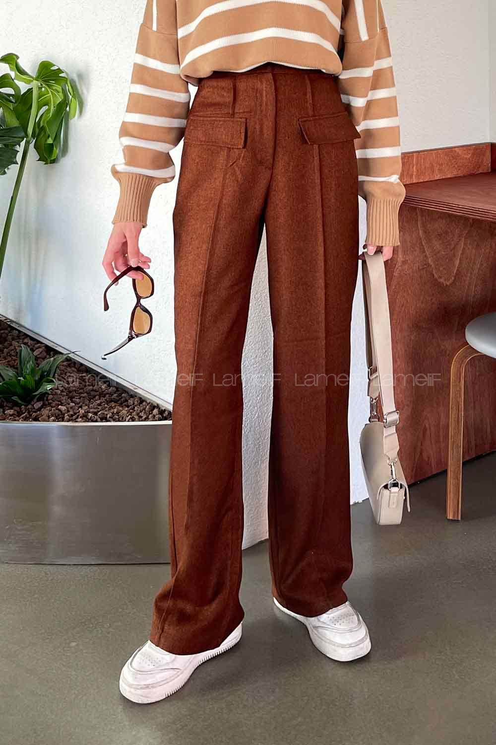 Bitter Brown Wool Cotton Normal Waist Linen Pants
