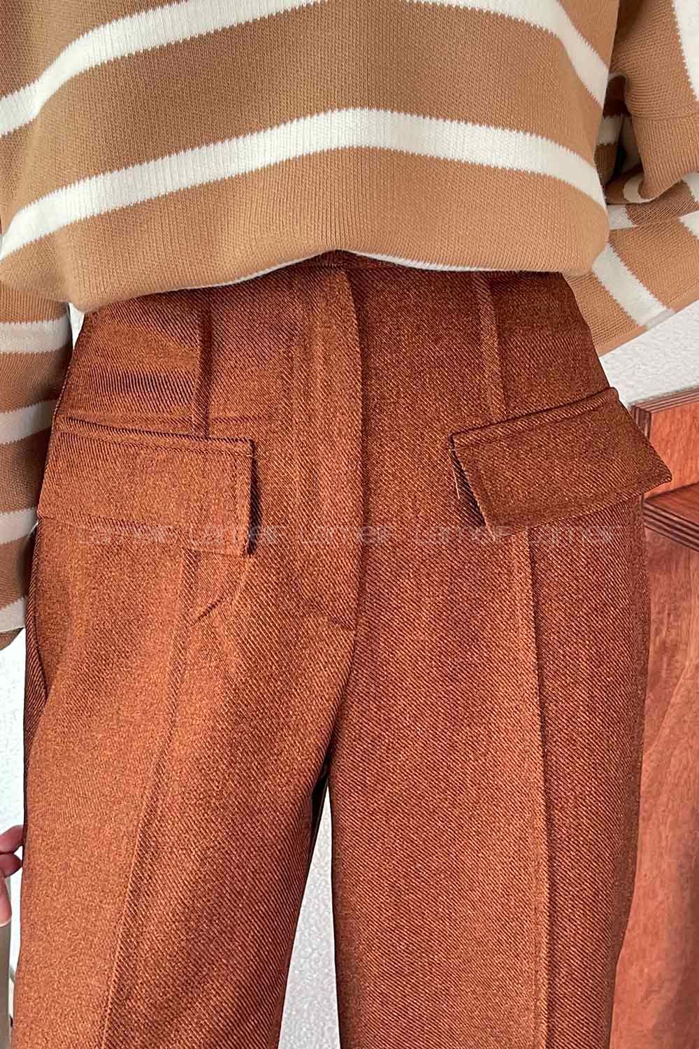 Bitter Brown Wool Cotton Normal Waist Linen Pants