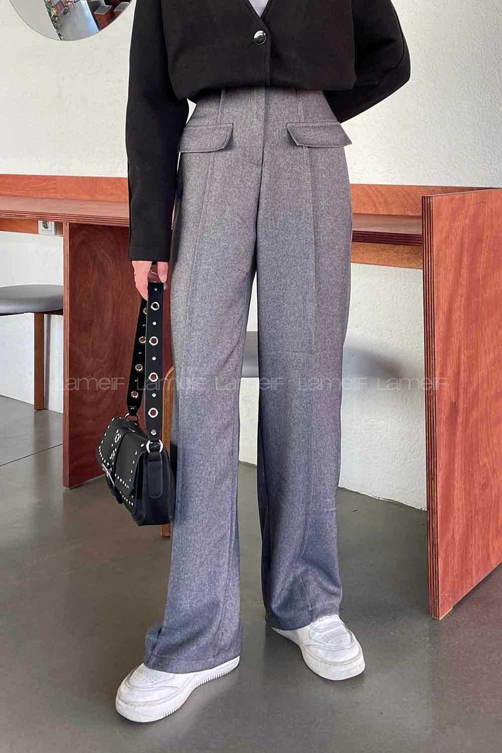 Gray Wool Cotton Normal Waist Linen Pants