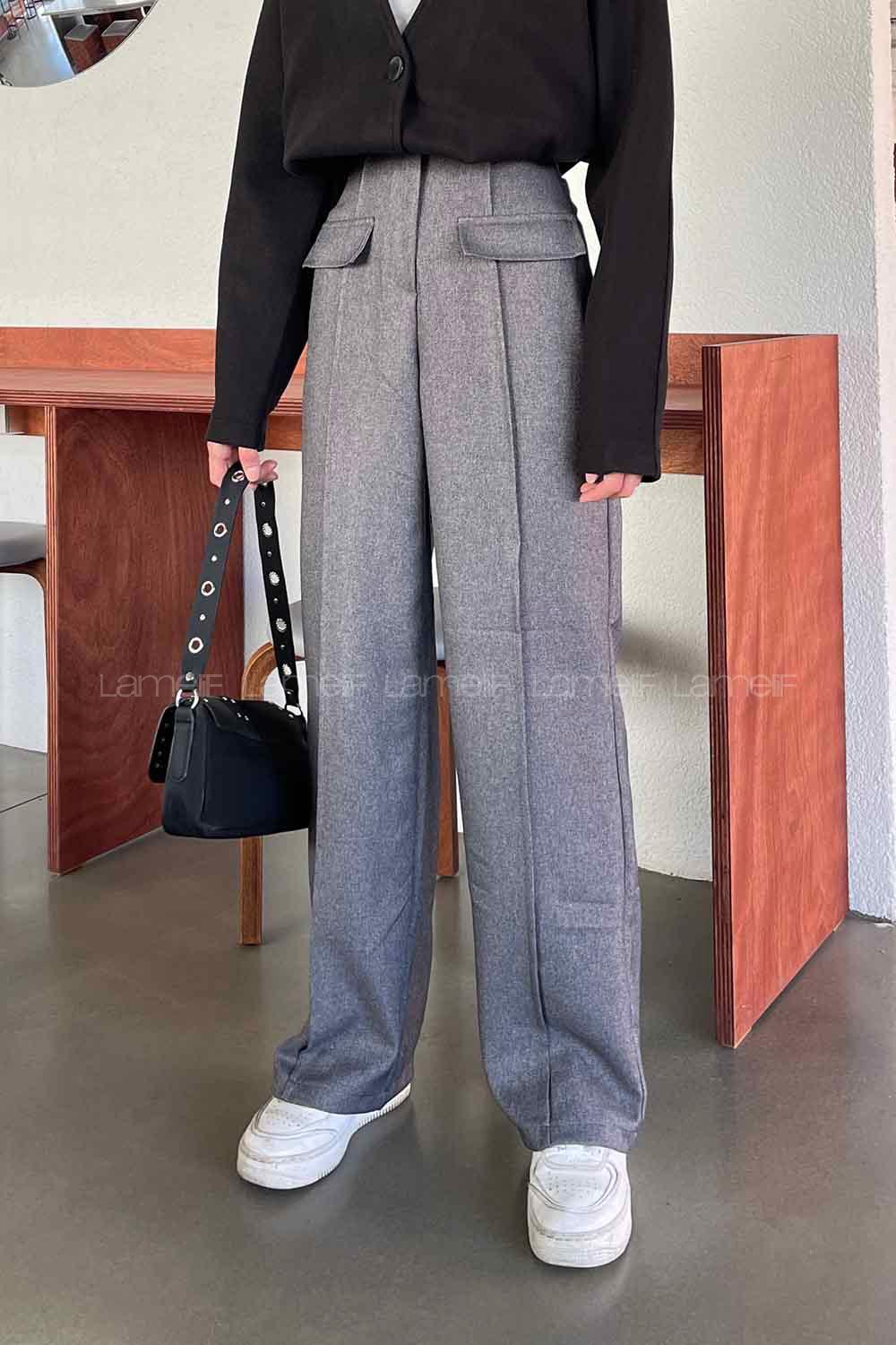 Gray Wool Cotton Normal Waist Linen Pants