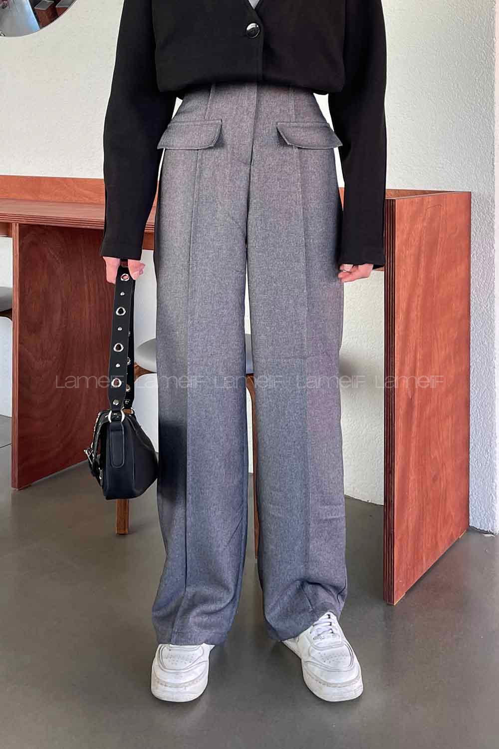 Gray Wool Cotton Normal Waist Linen Pants