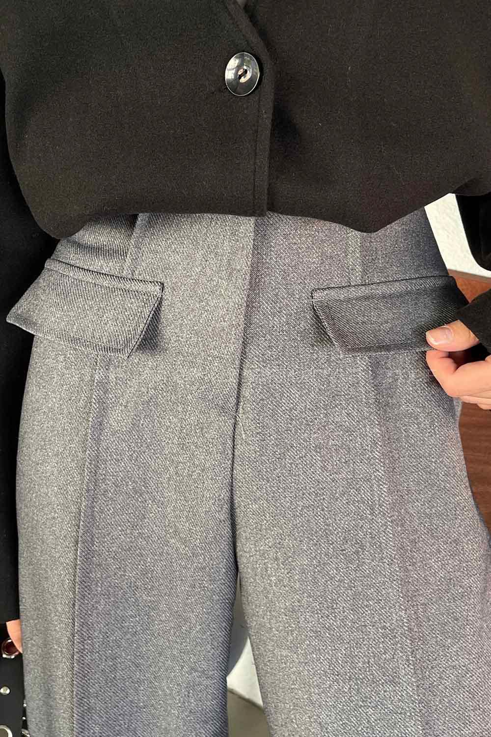 Gray Wool Cotton Normal Waist Linen Pants