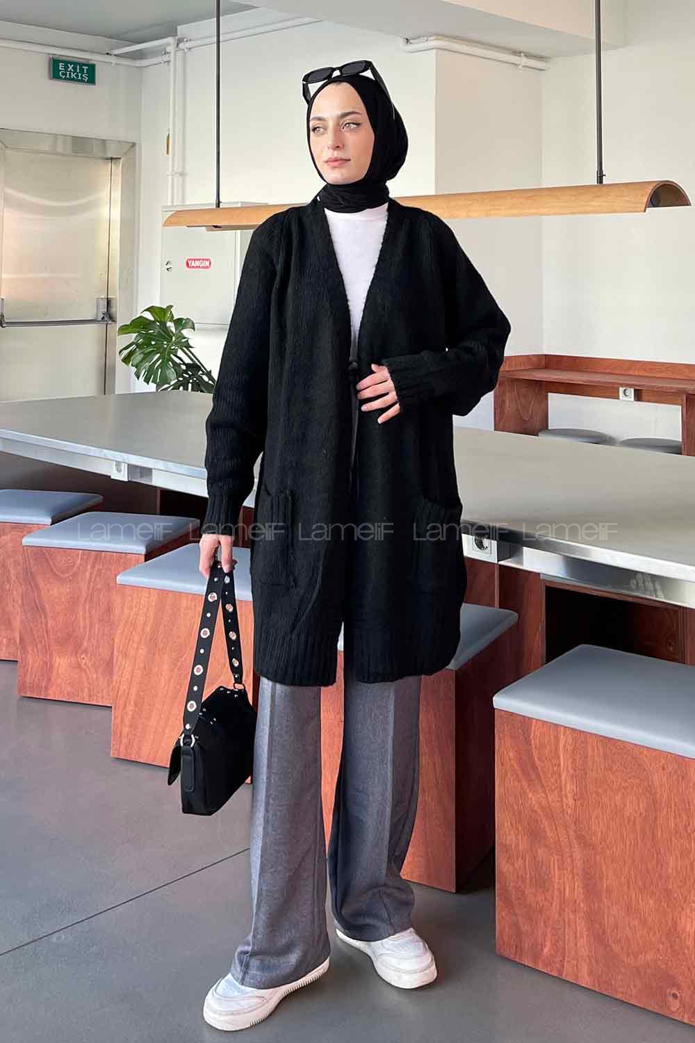 Lamelif Çift Cep Triko Hırka Siyah