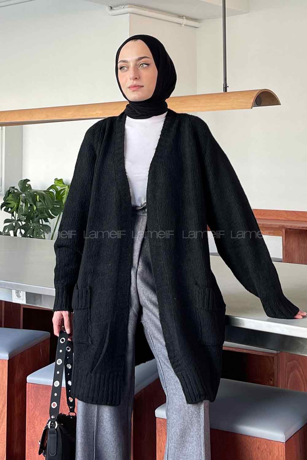 Lamelif Çift Cep Triko Hırka Siyah