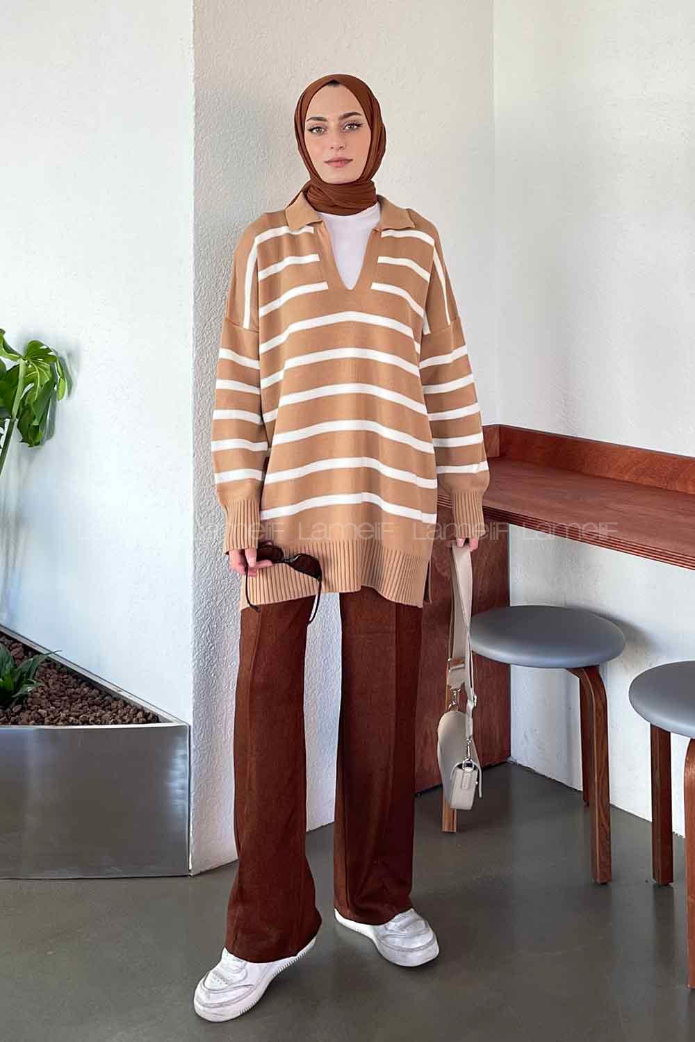 Lamelif Çizgili Polo Yaka Kazak Vizonrengi