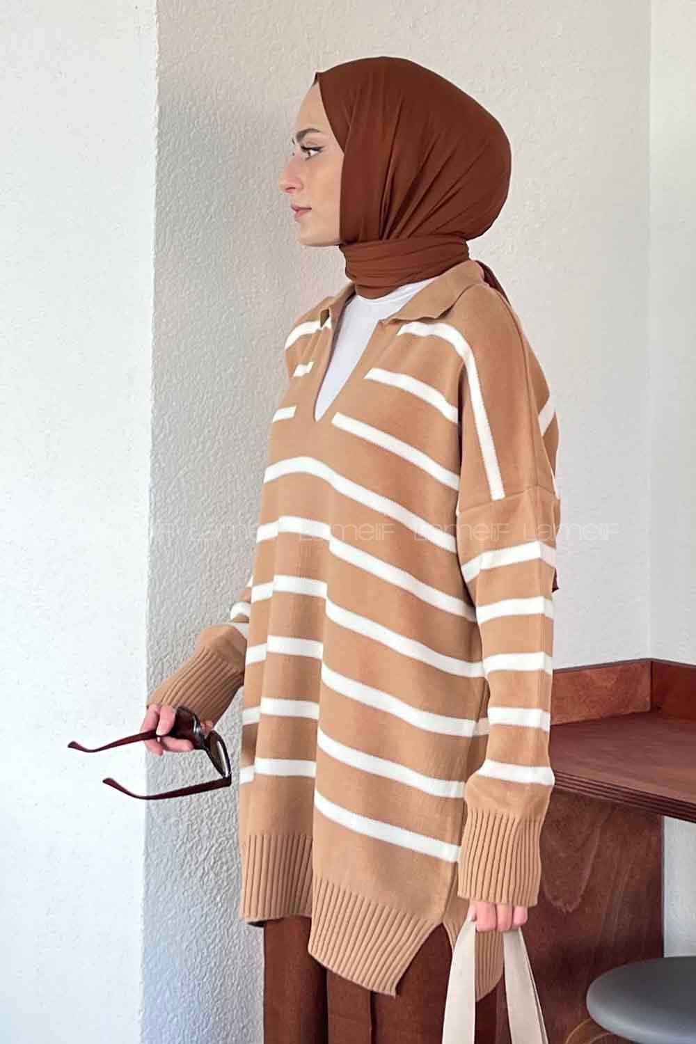 Lamelif Çizgili Polo Yaka Kazak Vizonrengi