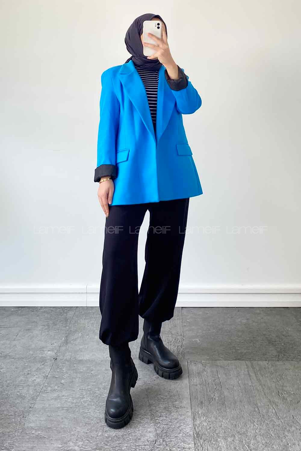 Blue V Neck Long Arm Poplin Fabric Elastan Jacket