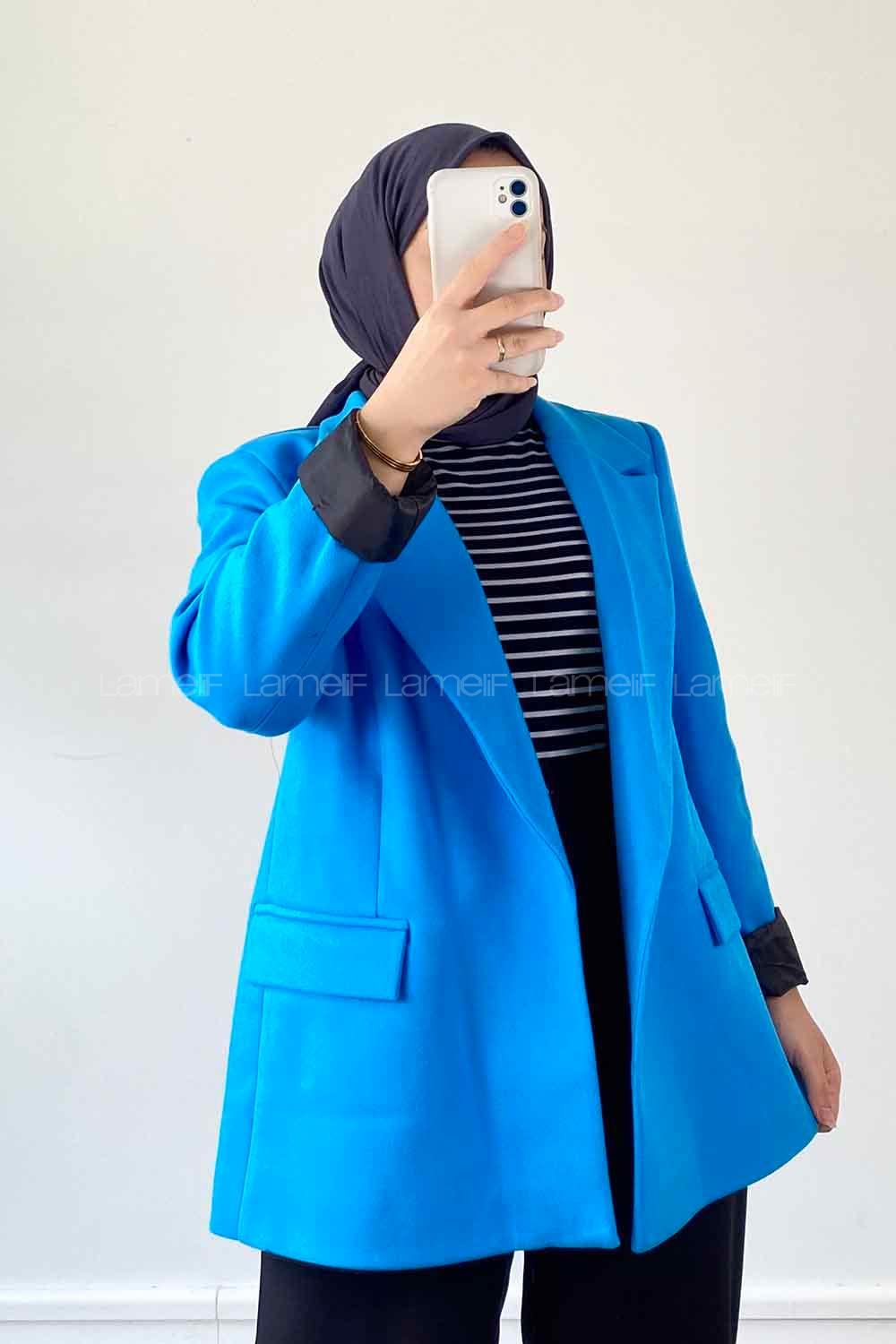 Blue V Neck Long Arm Poplin Fabric Elastan Jacket