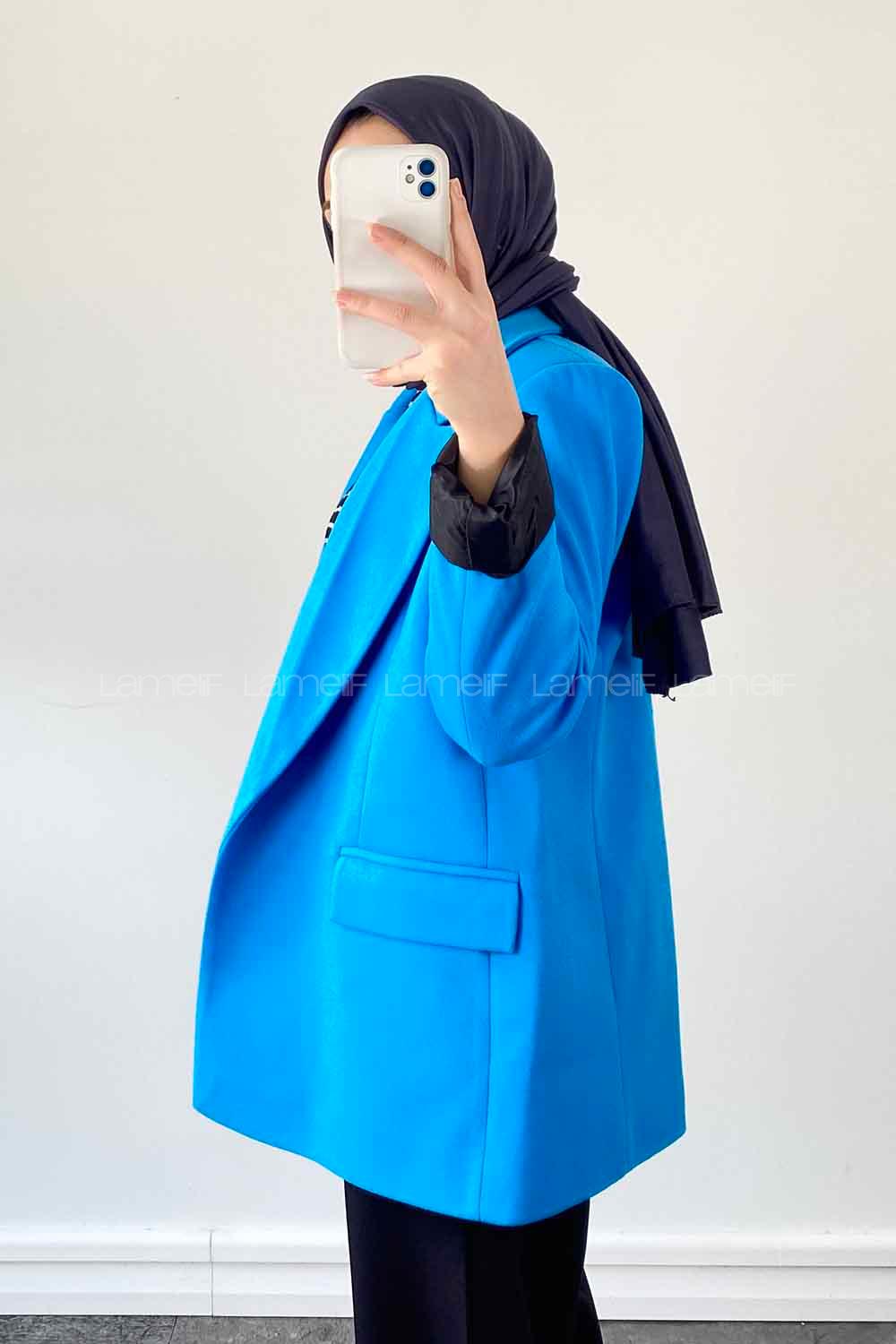 Blue V Neck Long Arm Poplin Fabric Elastan Jacket