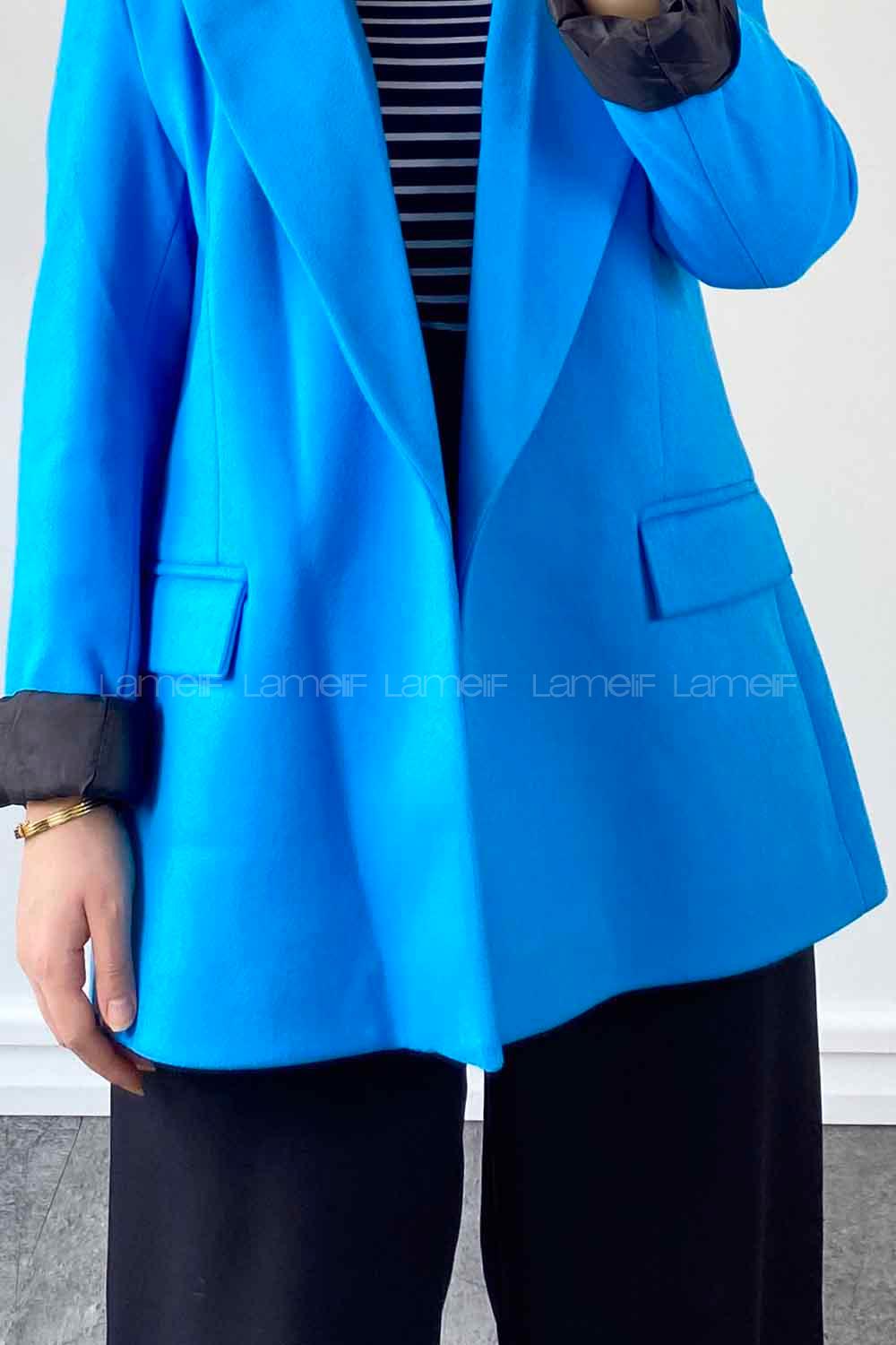 Blue V Neck Long Arm Poplin Fabric Elastan Jacket