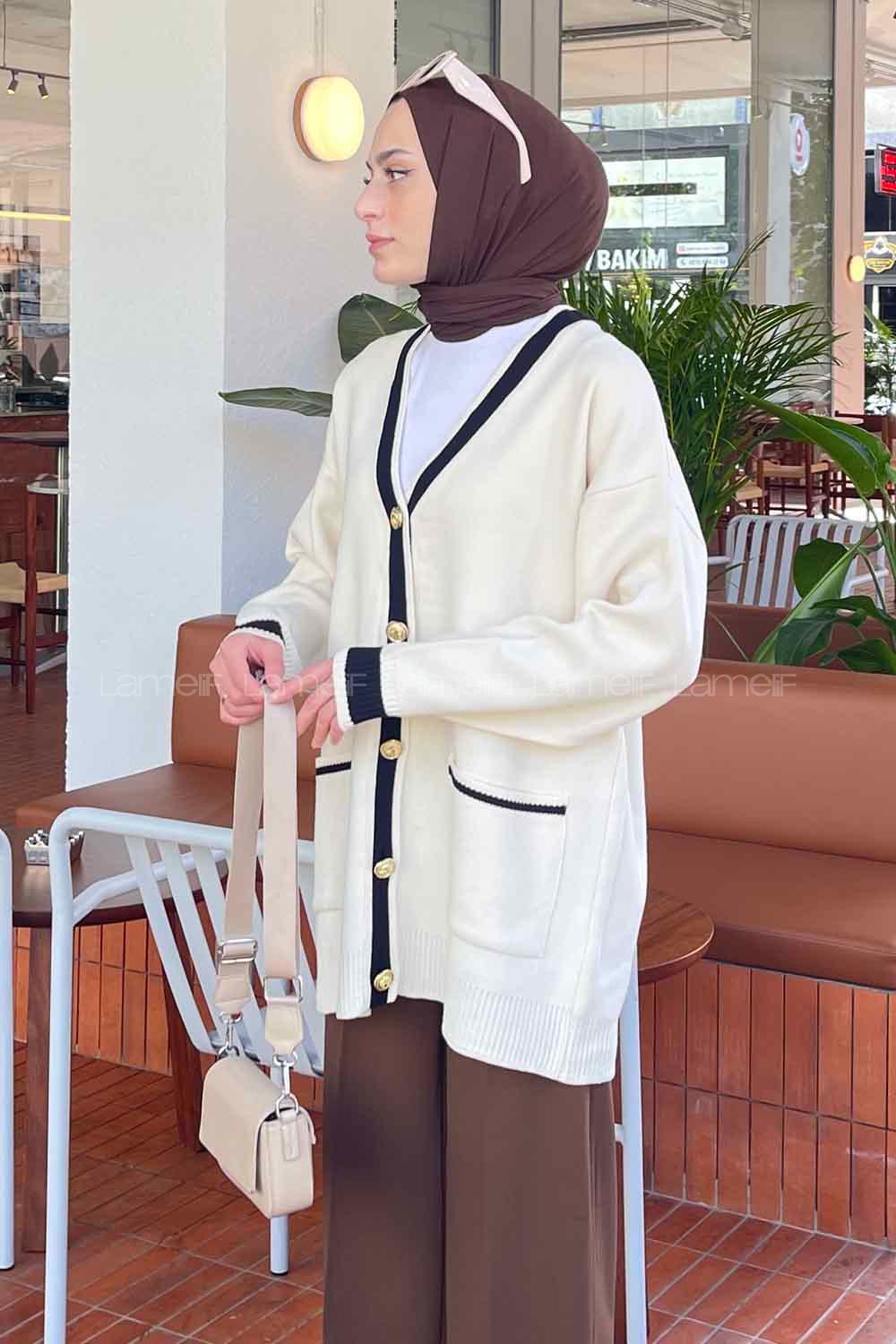 Lamelif Gold Düğmeli Hırka Krem