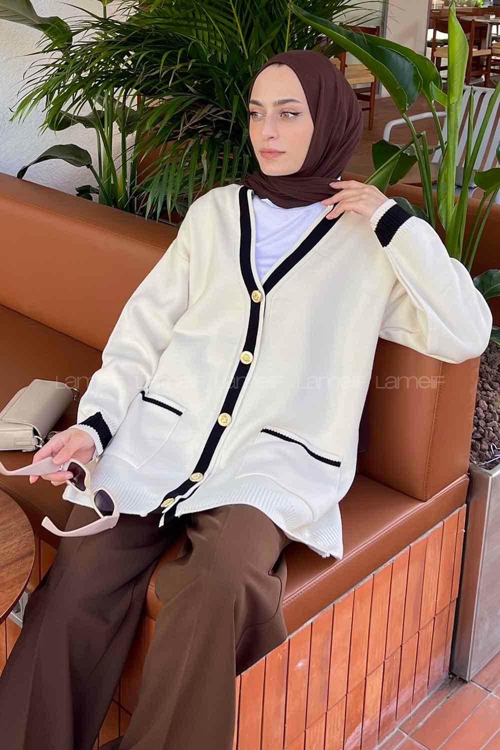 Lamelif Gold Düğmeli Hırka Krem