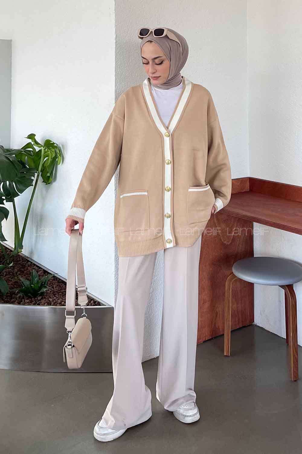 Brown With Milk V Neck Long Arm Acrylic Cardigan