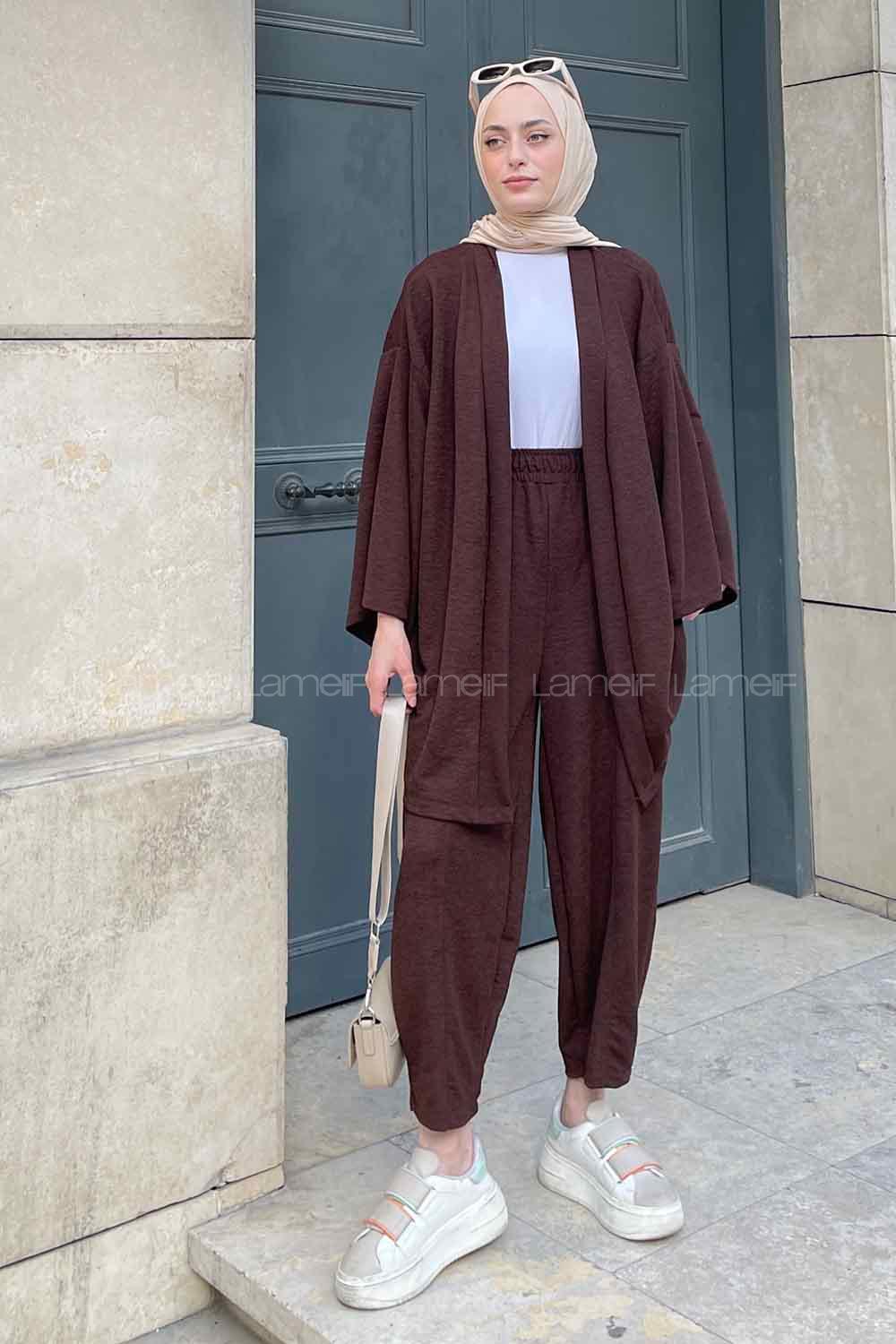 Bitter Brown Scarf Neck Long Arm Cotton Fabric Regular Trousers Carrot Pant Suit
