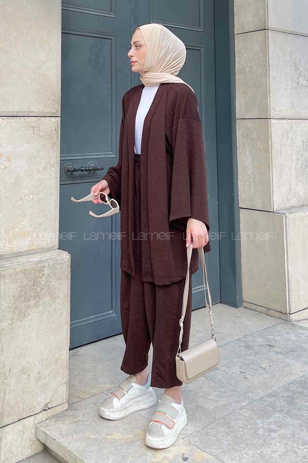 Bitter Brown Scarf Neck Long Arm Cotton Fabric Regular Trousers Carrot Pant Suit