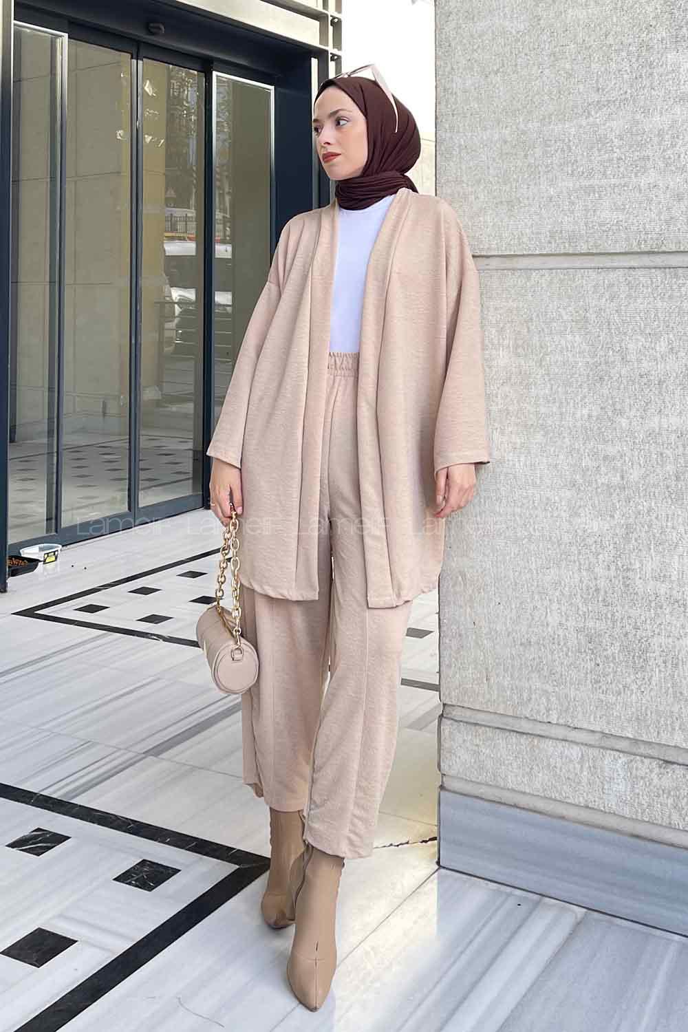 Cream Scarf Neck Long Arm Cotton Fabric Regular Trousers Carrot Pant Suit