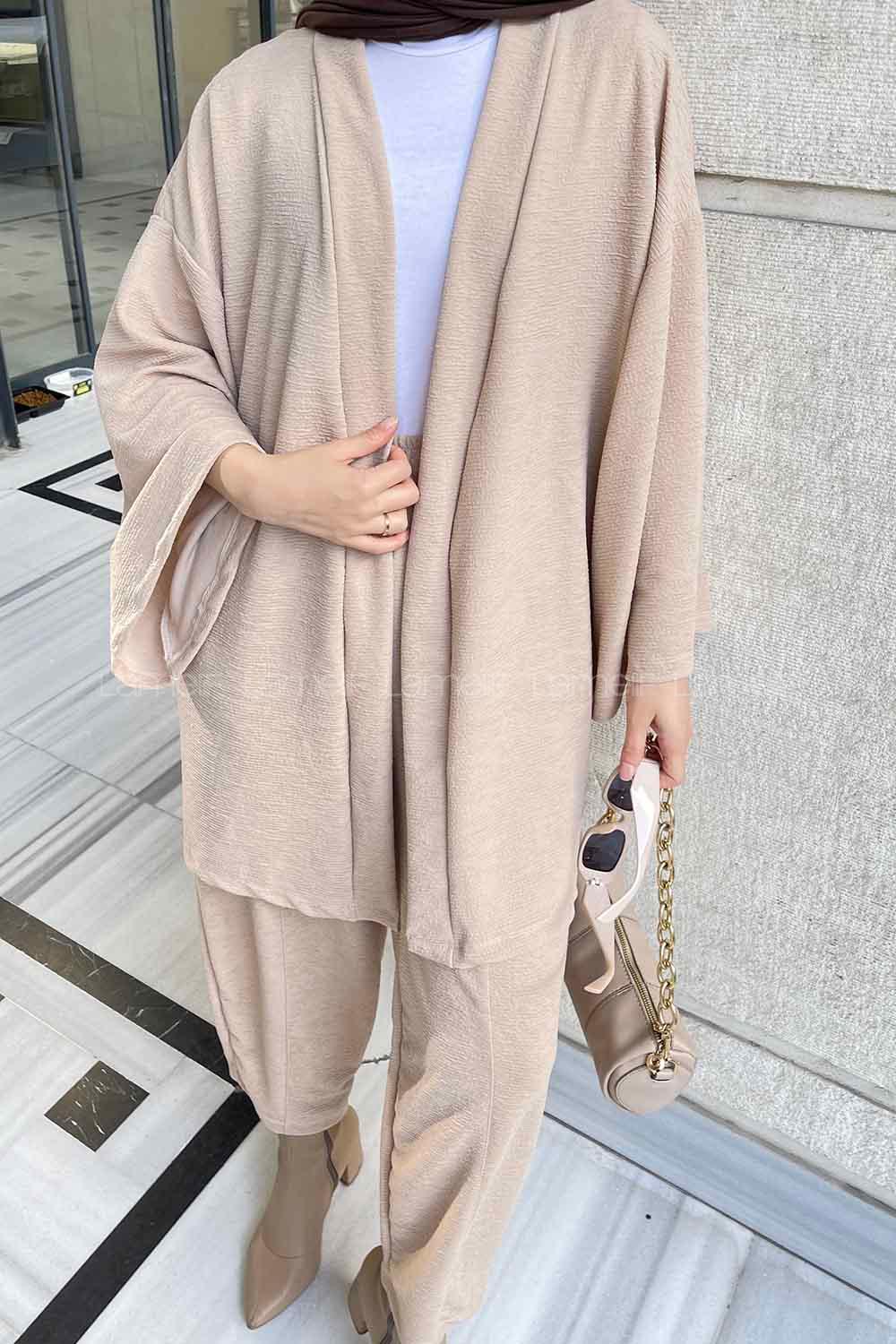 Cream Scarf Neck Long Arm Cotton Fabric Regular Trousers Carrot Pant Suit