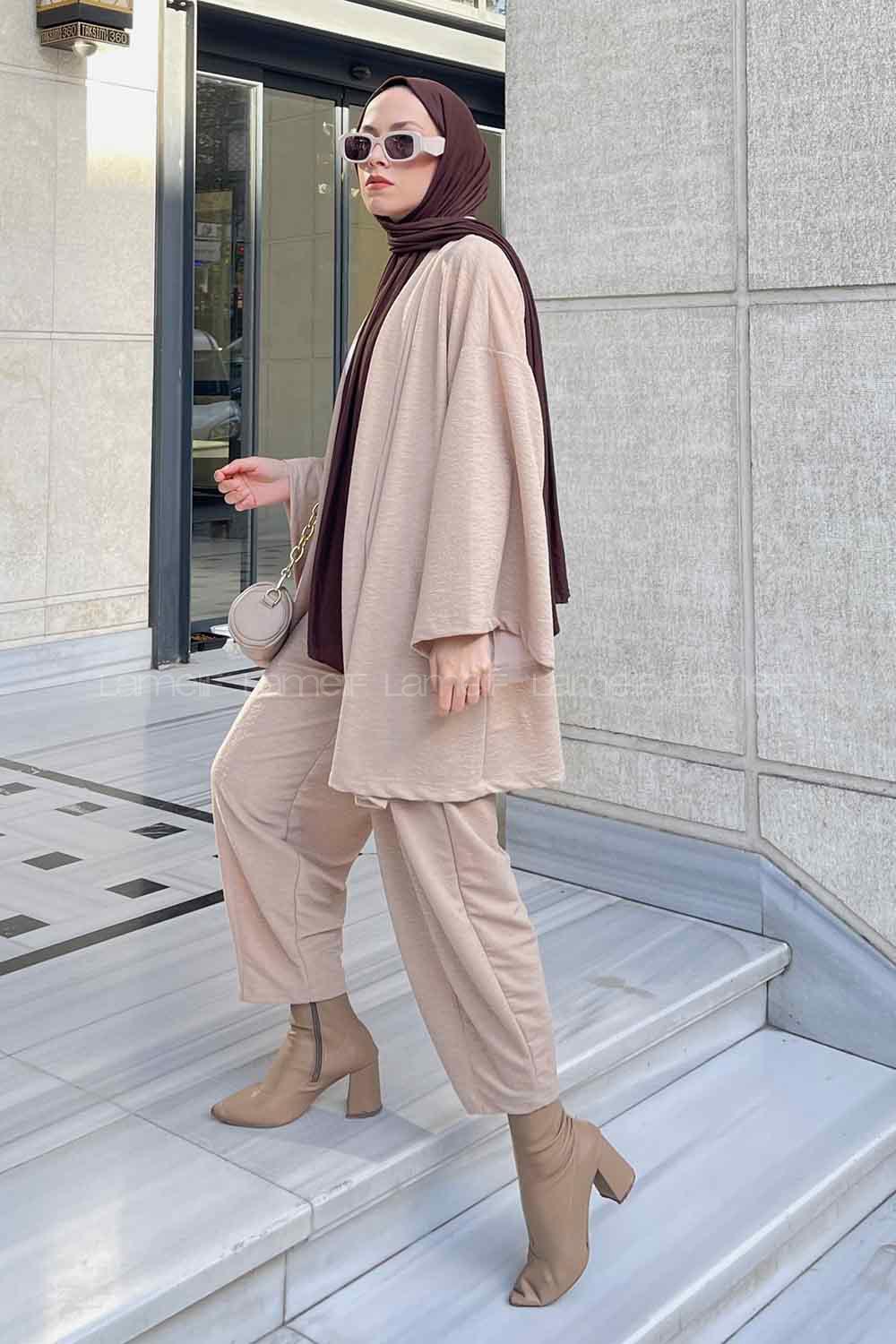 Cream Scarf Neck Long Arm Cotton Fabric Regular Trousers Carrot Pant Suit